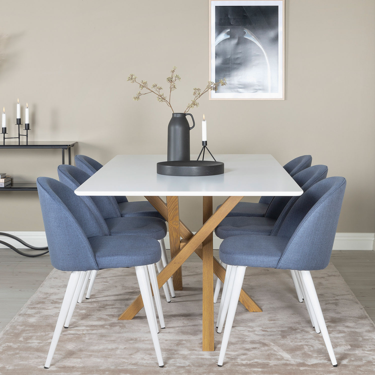 Piazza Dining Table - 180*90*75 - White / Oak+Velvet Dining Blå/Vit