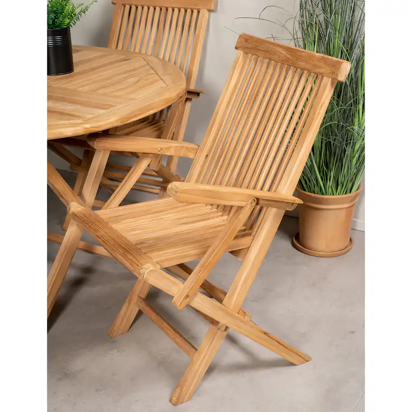 Matgrupp Venture Home Kenya Ø120 cm Teak med 4 Kenya Fällbara Stolar med Armstöd