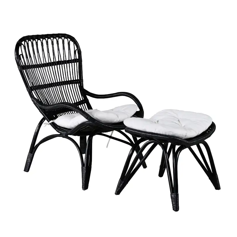Ella Lounge Chair - BLACK rattan / Offwhite Cushion. inc. Ot Svart