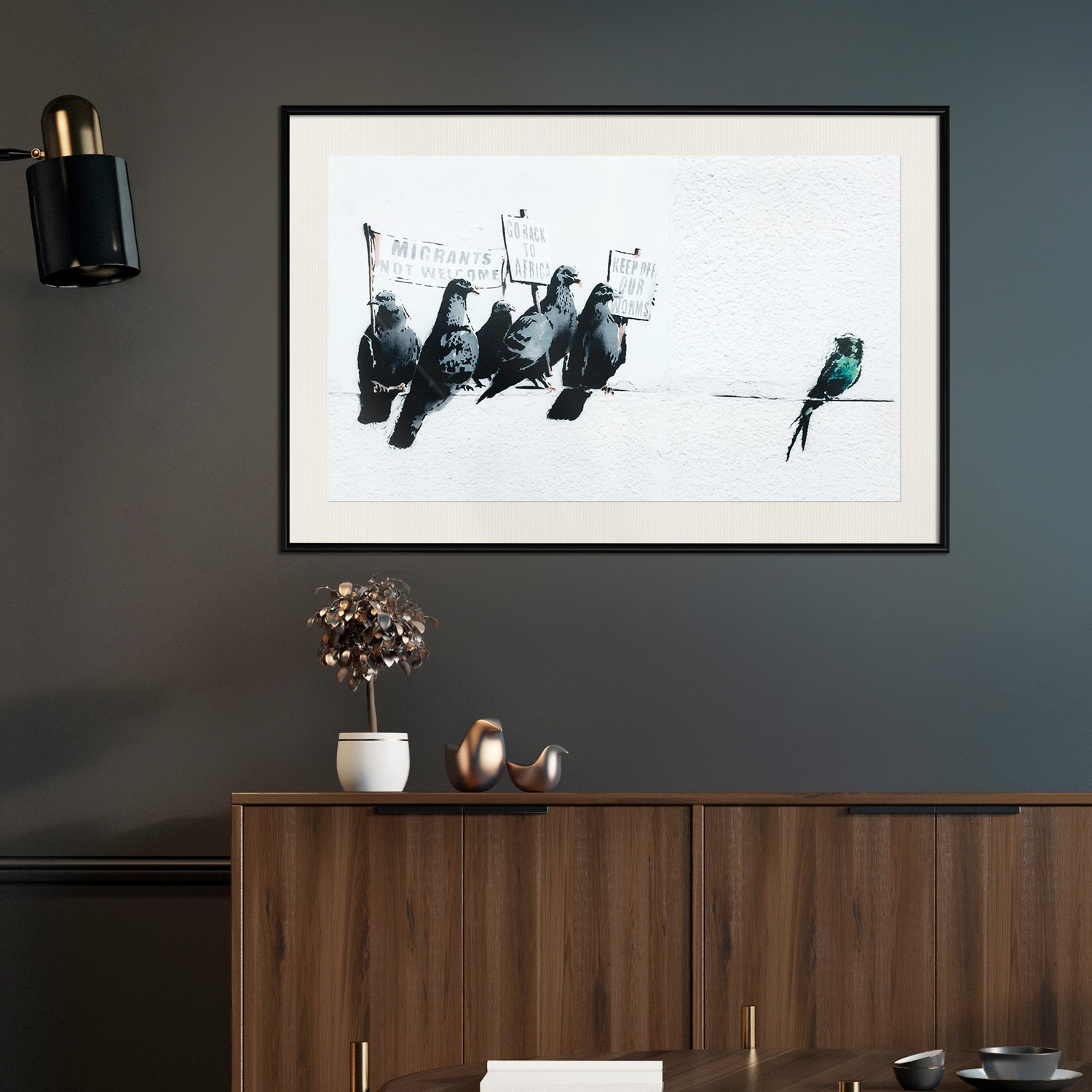 Affisch - Xenophobic Pigeons [Poster] 45x30 Svart ram med passepartout, 45x30 cm
