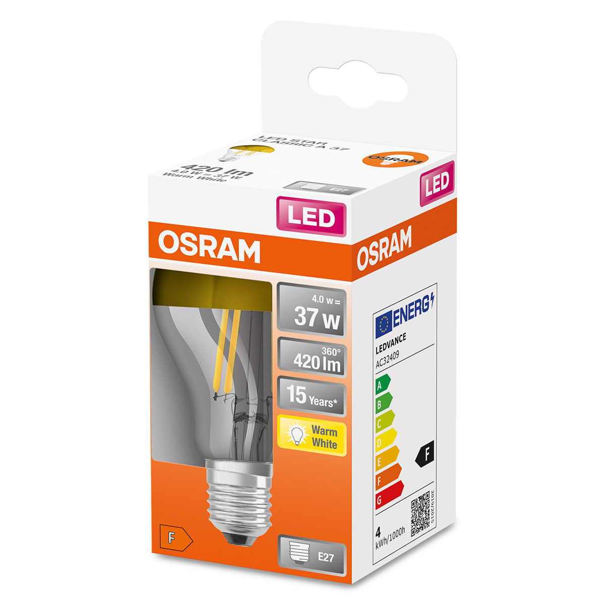 LED-Lampa Osram Normal (37) E27 Guld 827 Toppförsp Cl A