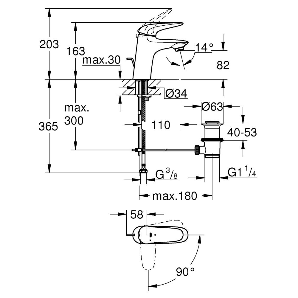 Tvättställsblandare Grohe Wave 23581 med Lyftventil
