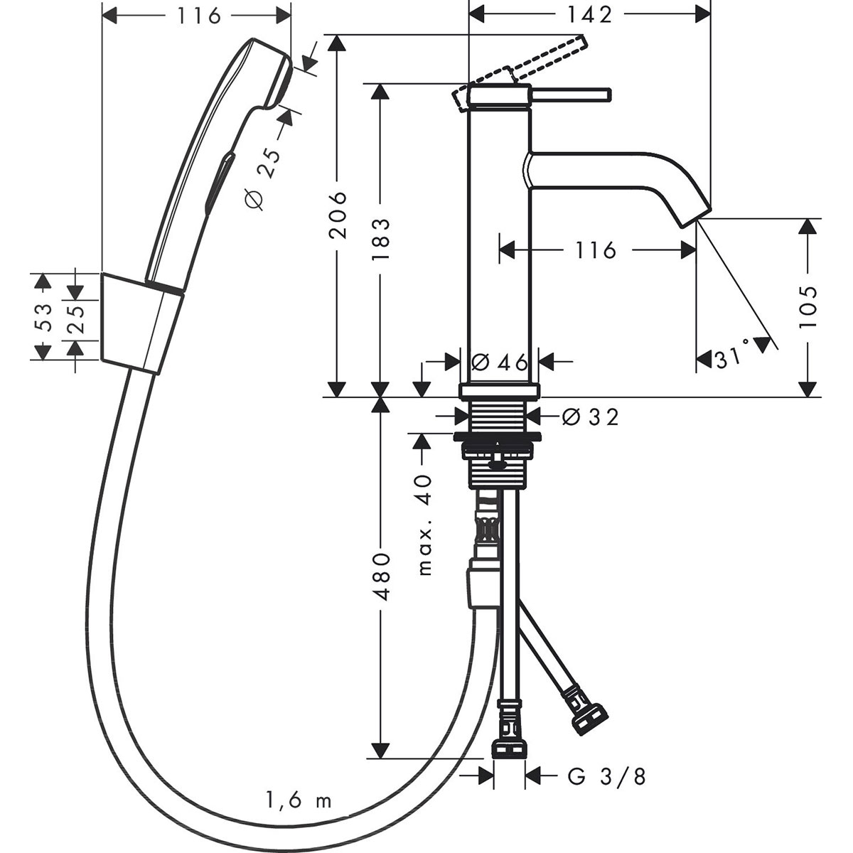 Tvättställsblandare Hansgrohe Tecturis S 110 med Bidettehanddusch och Duschslang