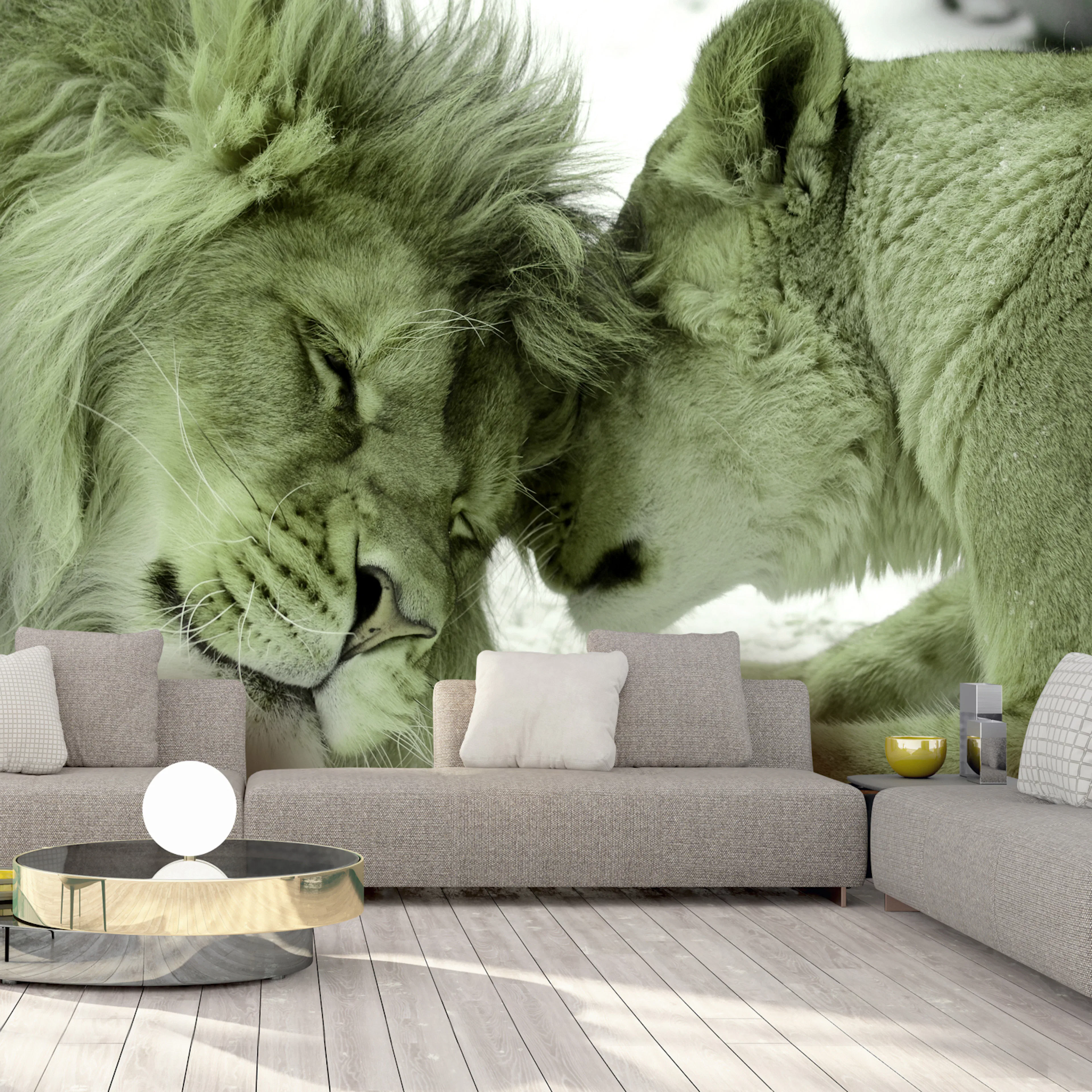 Fototapet - Lion Tenderness (Green) 450x315 450x315 cm