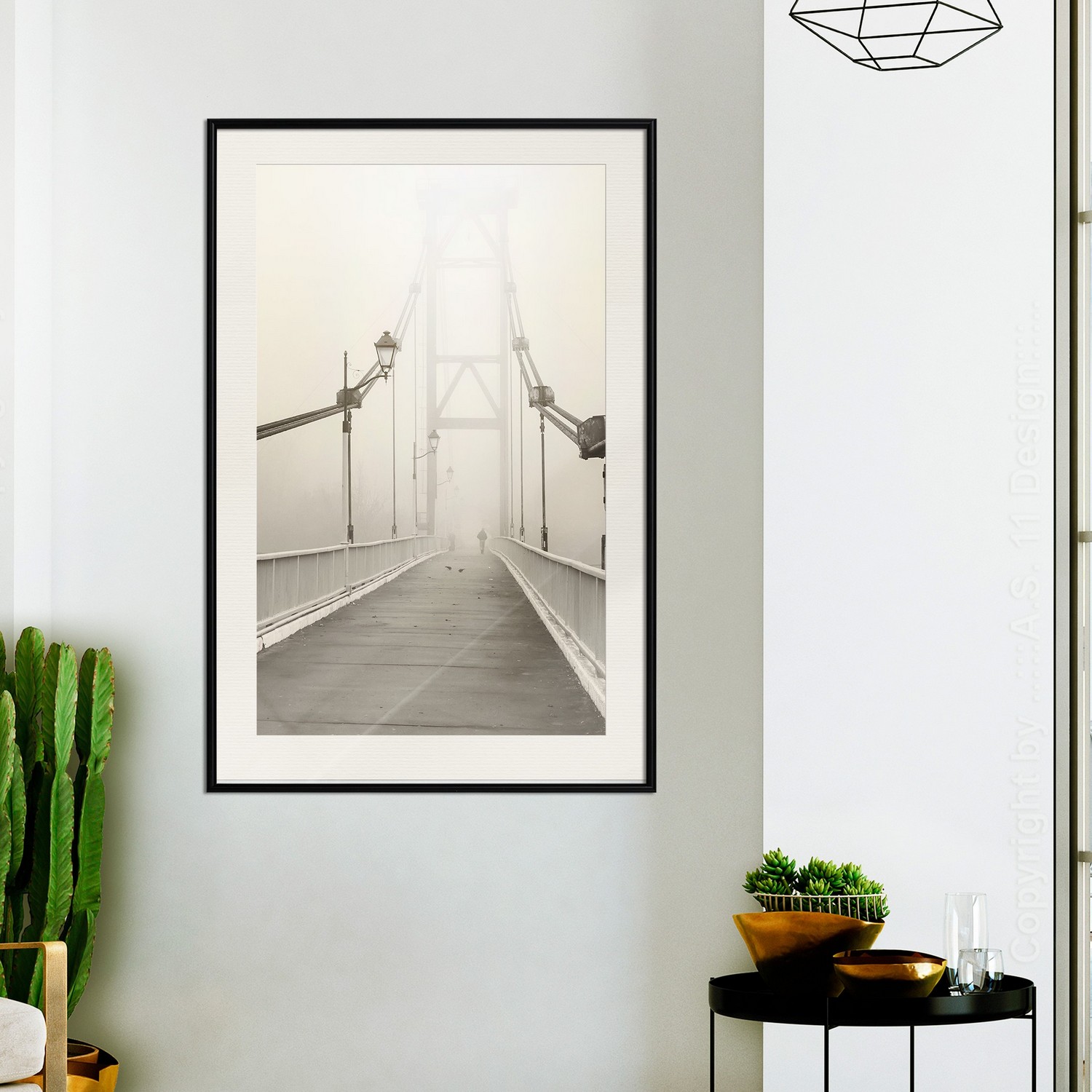 Affisch - Bridge in the Fog [Poster] 30x45 Svart ram med passepartout, 30x45 cm