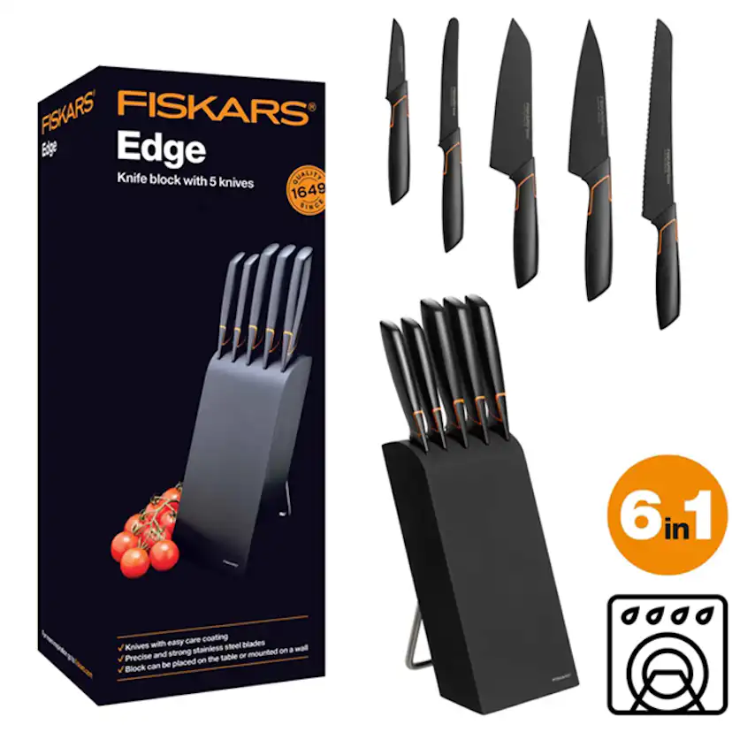 Knivblock Fiskars Edge 5 Knivar – Högkvalitativt Set i Tåligt Rostfritt Stål