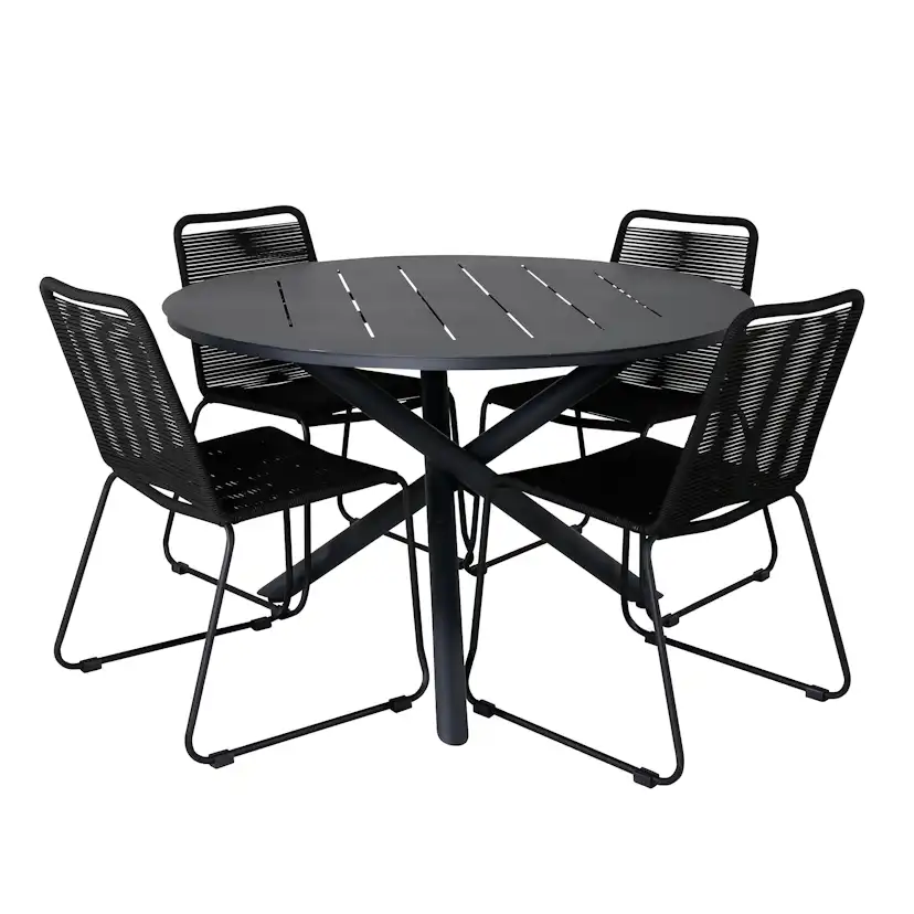 Alma Dining Table - Black Alu - ø120cm+Lindos Stacking Chair Latte