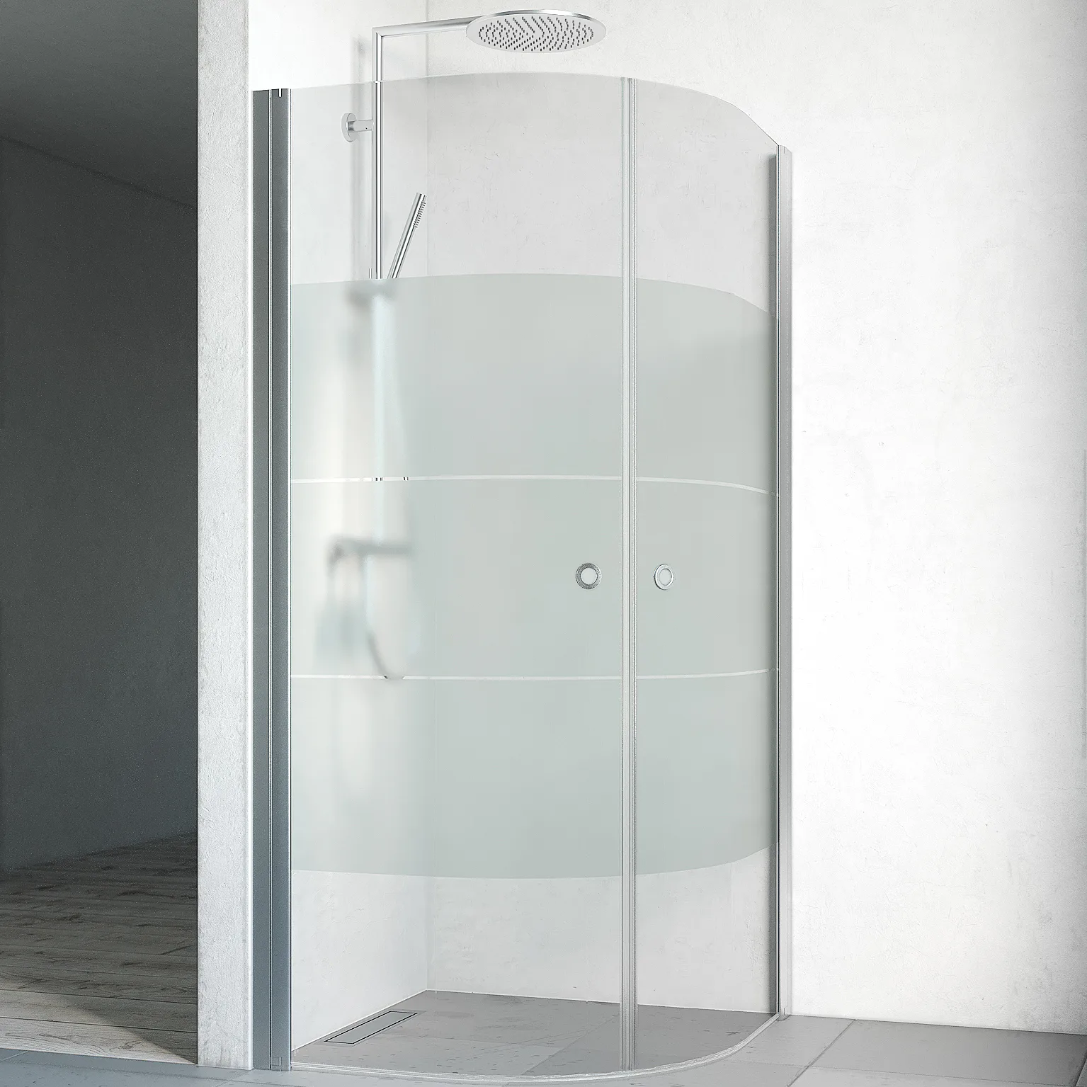Spirit Rund 100x100 Gr Ma Sc 1000x1000x1970 mm, Matt Aluminium, Screentryckt glas med Hålgrepp