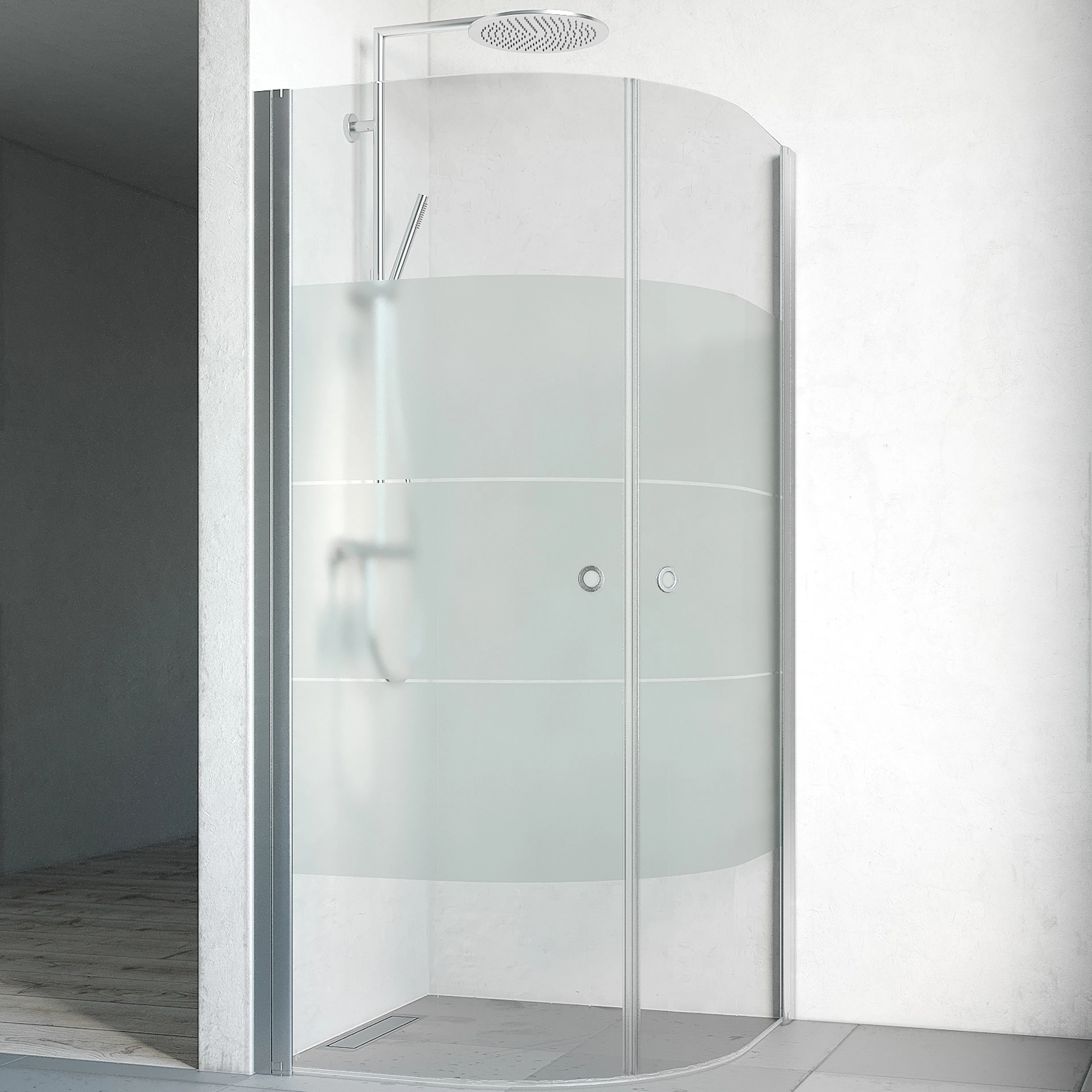 Spirit Rund 100x100 Gr Ma Sc 1000x1000x1970 mm, Matt Aluminium, Screentryckt glas med Hålgrepp
