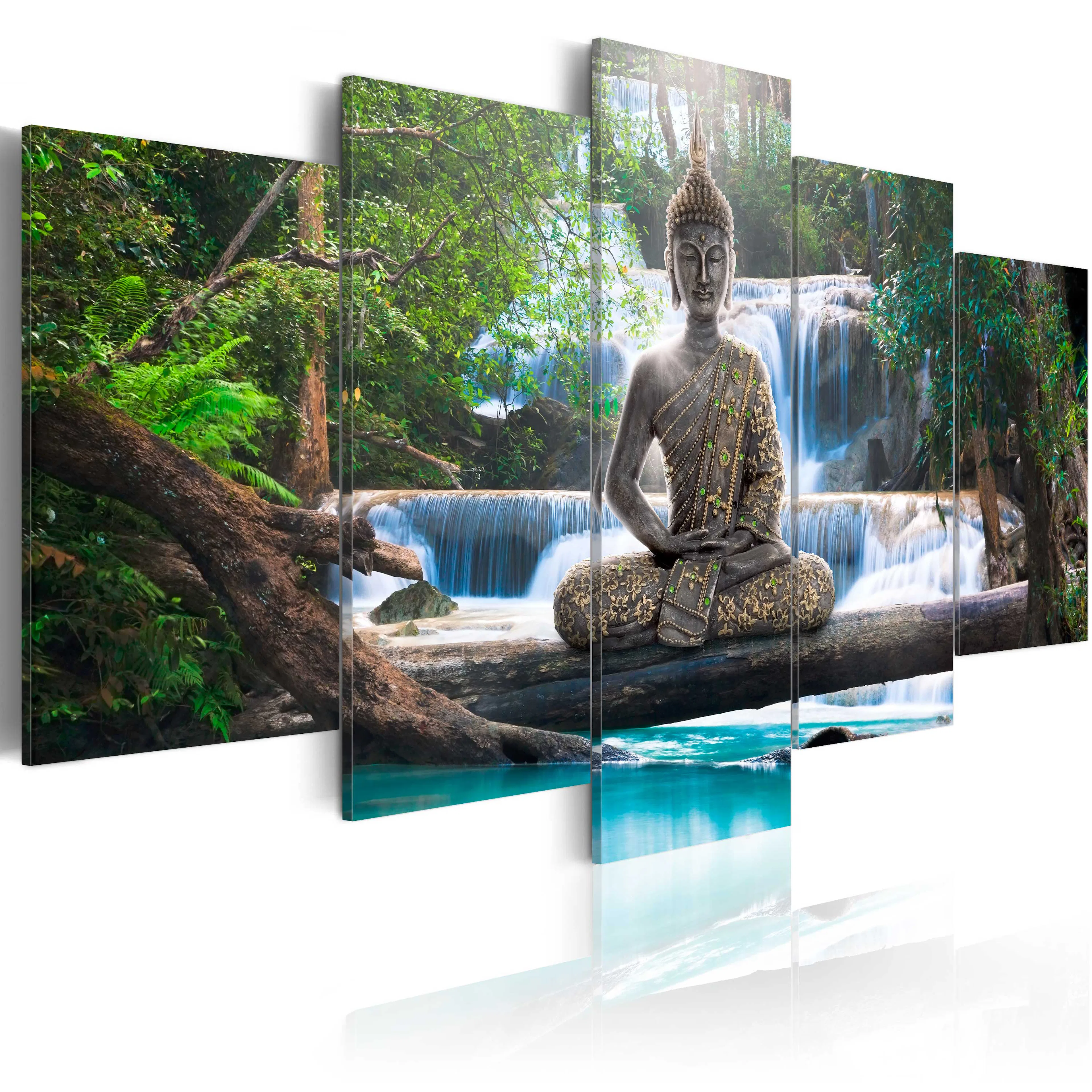 Foto på akryl - Buddha and Waterfall [Glass] 200x100 Mått: 200x100 cm