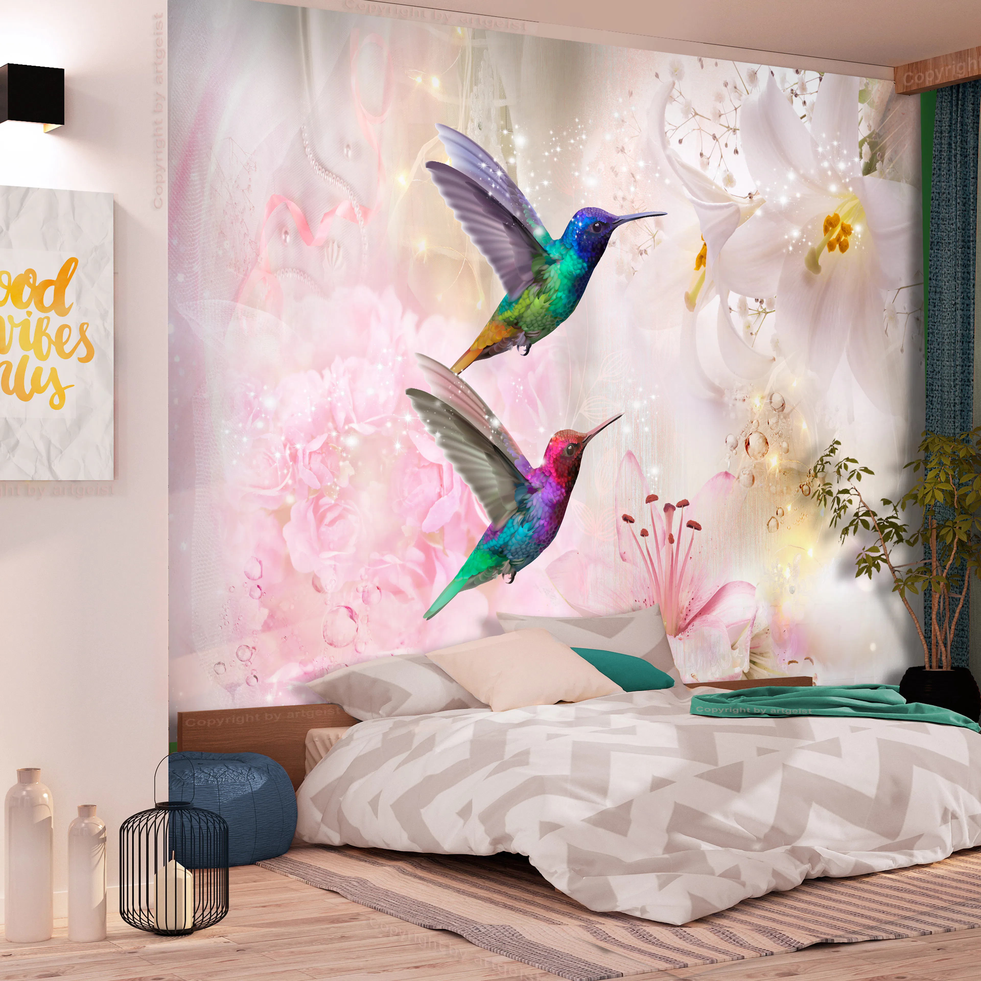 Fototapet Arkiio Självhäftande Colourful Hummingbirds Pink