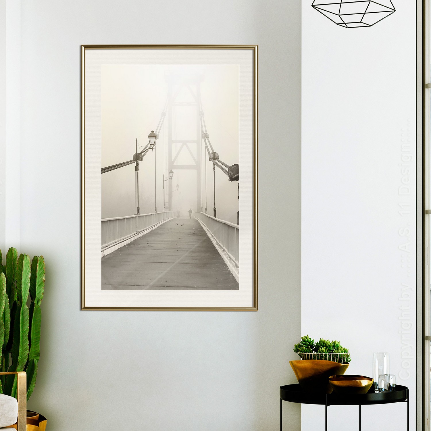 Affisch - Bridge in the Fog [Poster] 40x60 Guld ram med passepartout, 40x60 cm