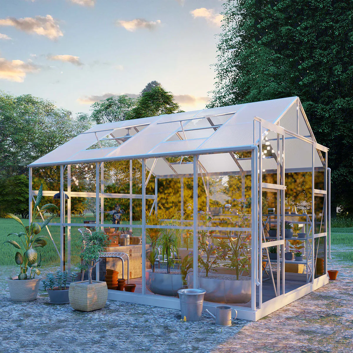Växthus 8,0 m², glas, pc-tak (311X257X228CM), Vit Vit