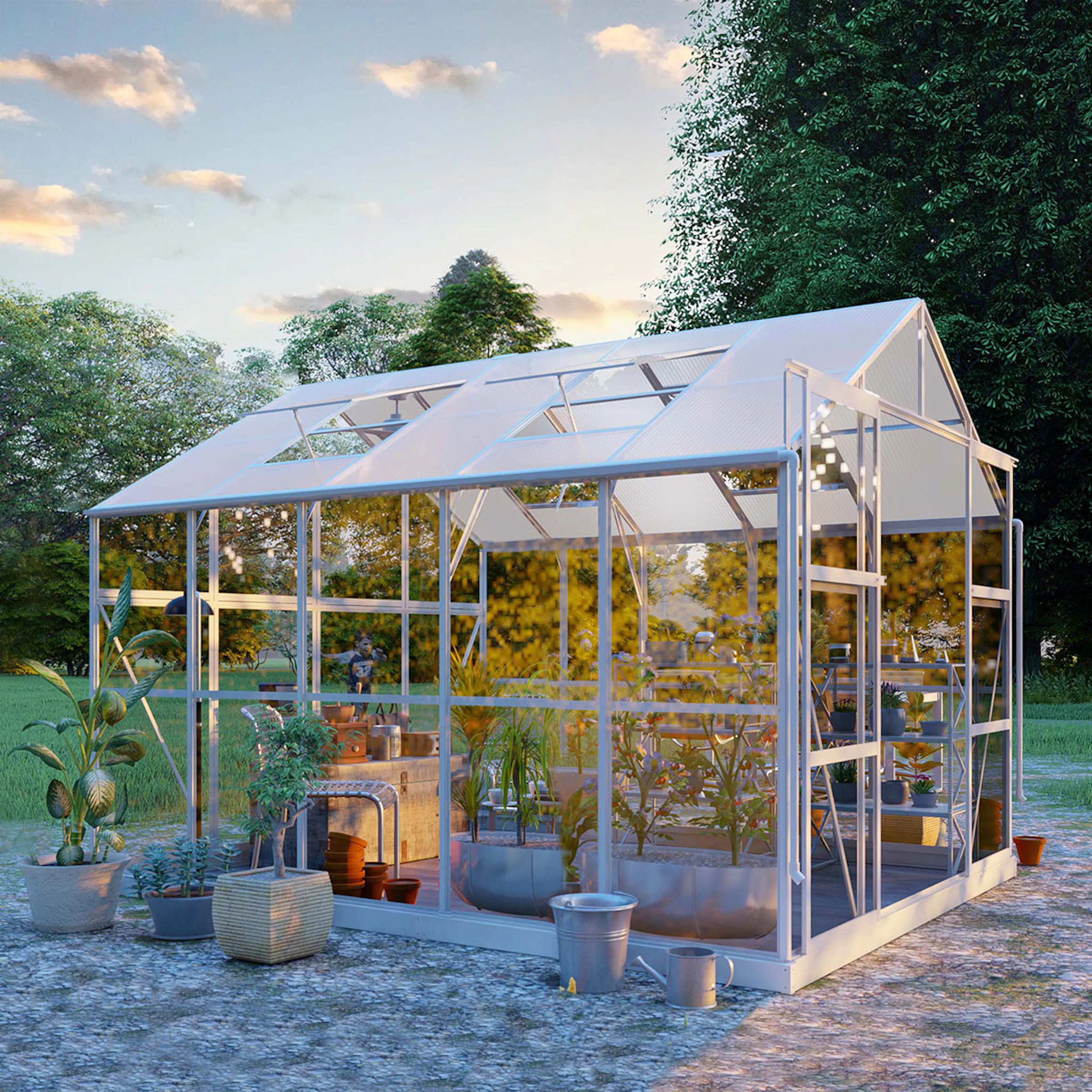 Växthus 8,0 m², glas, pc-tak (311X257X228CM), Vit Vit