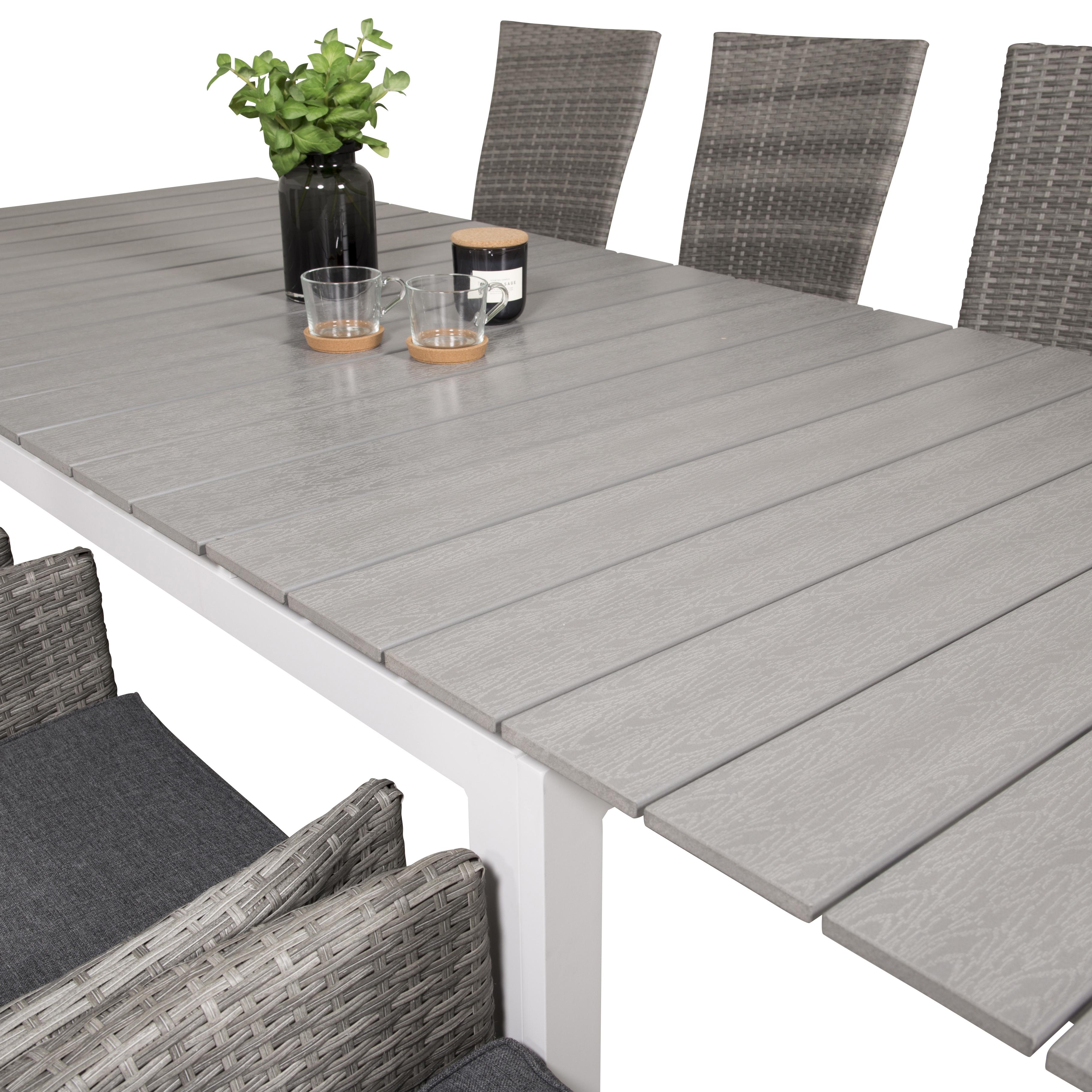 Levels bord 160/240*90-vitalu/Grå+Padova stol Recliner grå/8 Grå Bord med Vita Ben, Grå Stol med Grå Dyna