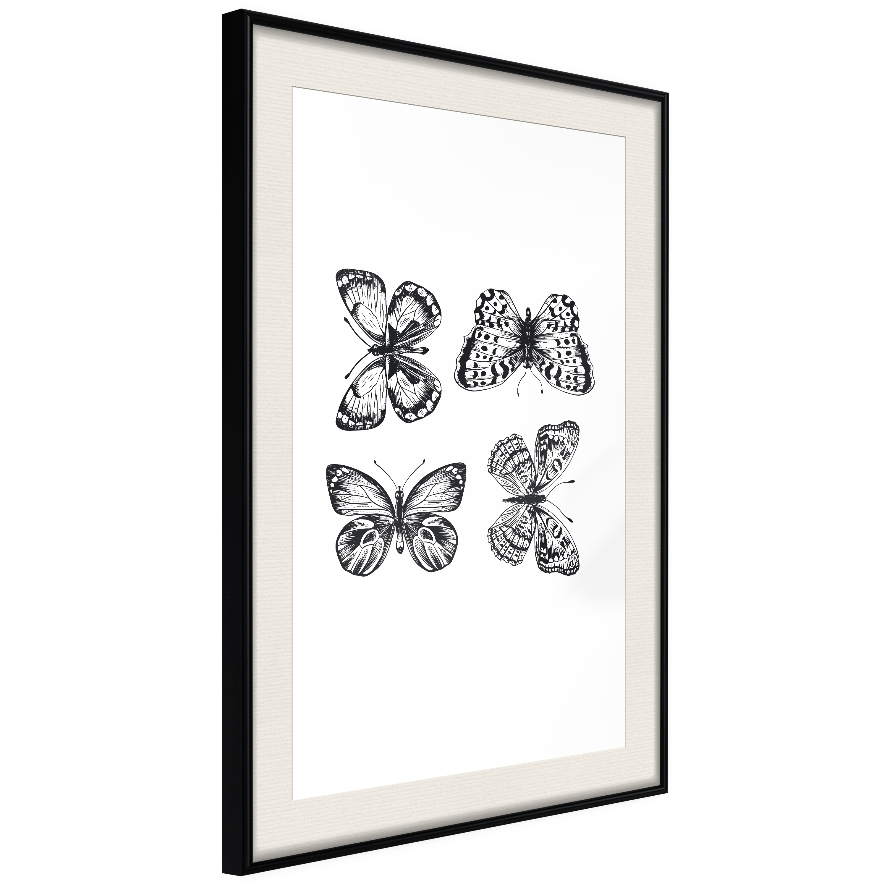 Affisch - Four Butterflies [Poster] 30x45 Svart ram med passepartout, 30x45 cm