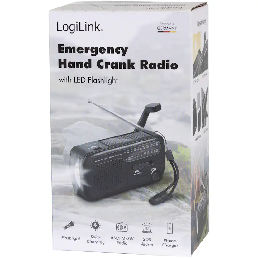 Vevradio LogiLink med Ficklampa och Solcell