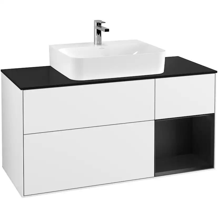 Tvättställsskåp Villeroy & Boch Finion G172PDGF Vit Högblank/Svart Mattlack med bänkskiva i Mattsvart glas med Väggbelysning, Lucka Höger