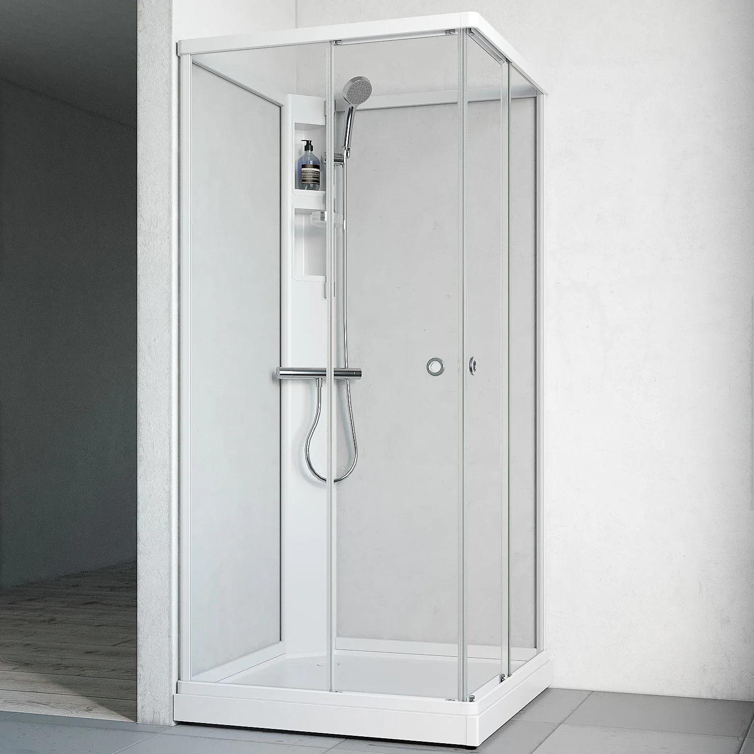 Flow kab Rak InkBl 8x8 V KL 810x810 mm, Vit Profil, Klarglas