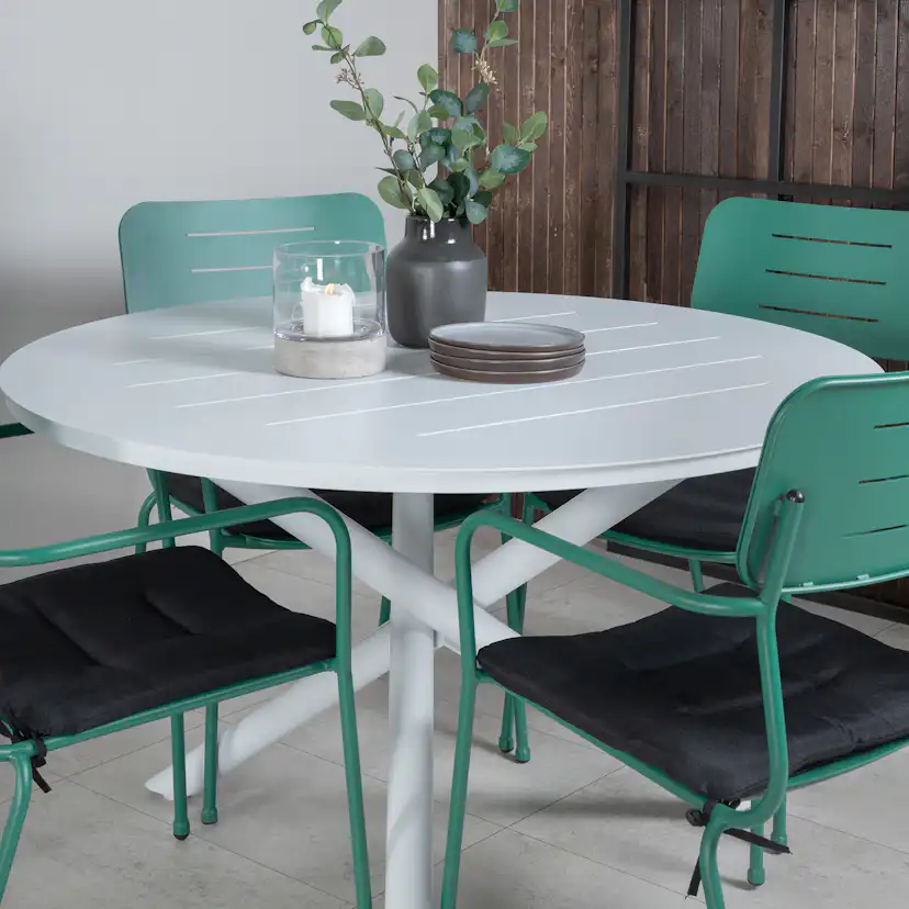 Alma Dining Table - White Alu - ø120cm+Nicke Dining chair w. Vit/Grön
