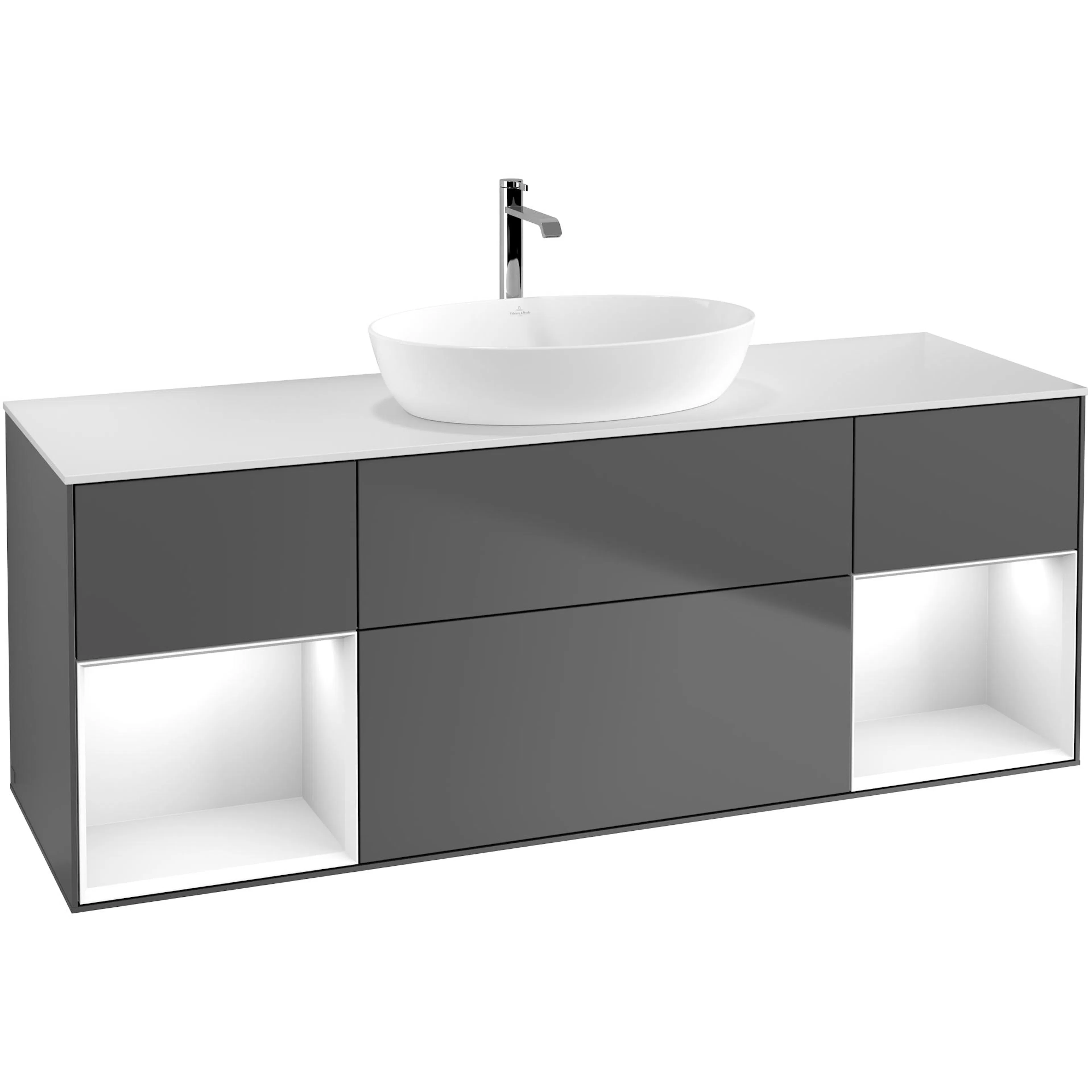 Tvättställsskåp Villeroy & Boch Finion G861GFGK Antracitgrå Mattlack/Vit Högblank med bänkskiva i Mattvitt glas med Väggbelysning Med Blandarhål