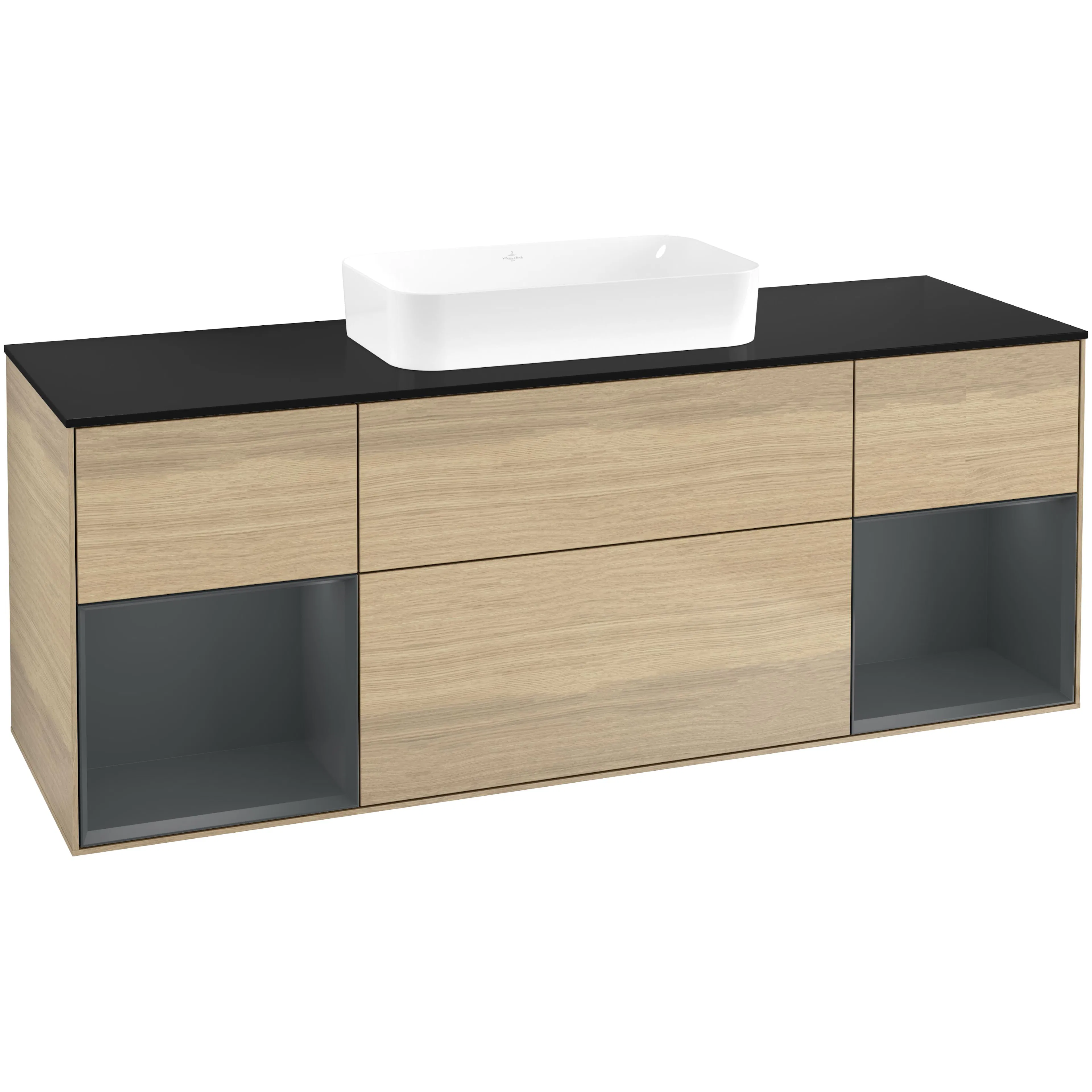 Tvättställsskåp Villeroy & Boch Finion F742HGPC Ekfanér/Midnattsblå Mattlack med bänkskiva i Mattsvart glas utan Blandarhål