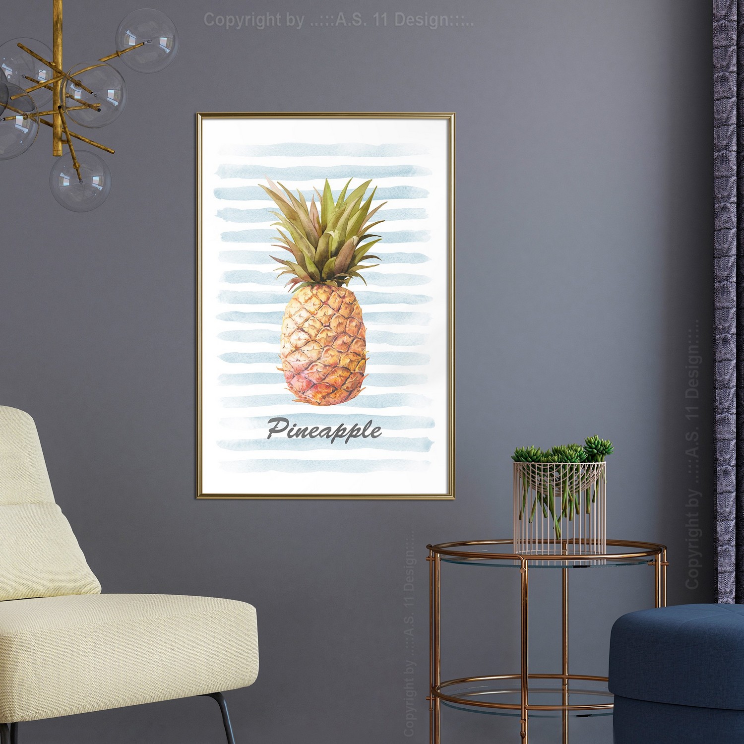 Affisch - Pineapple and Stripes [Poster] 30x45 Guld ram, 30x45 cm