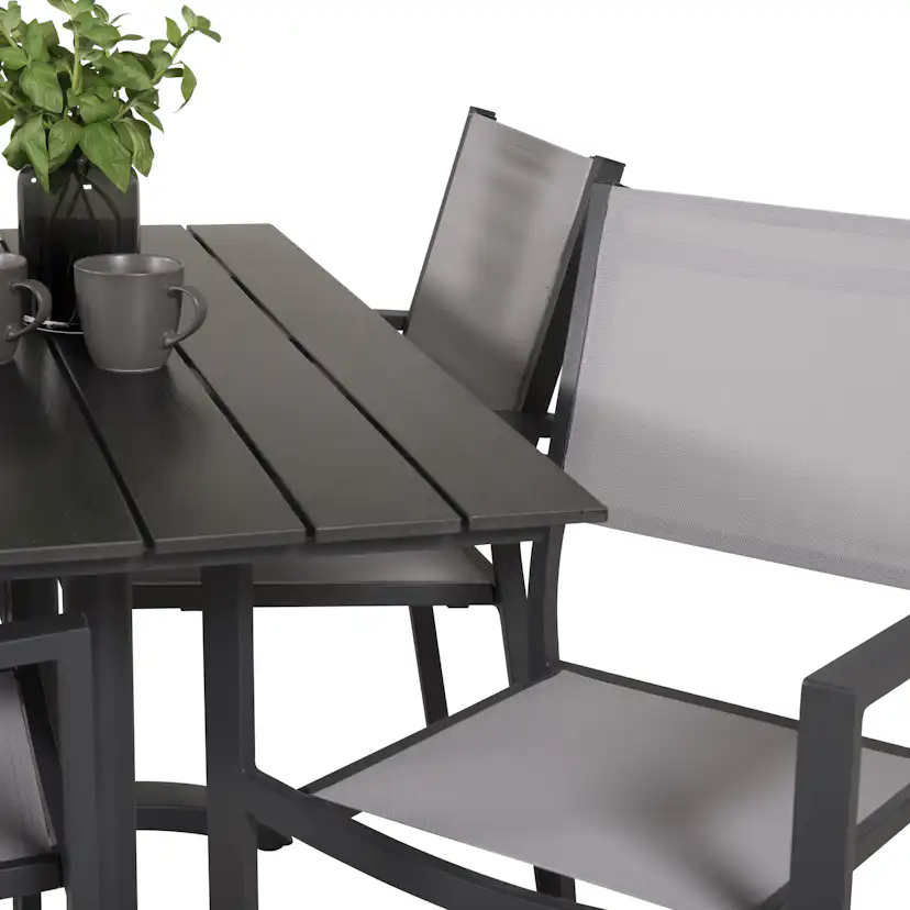 DenverCafé Bord120*70SvartAlu/Svart+Copacabana stolSvartAlu4 Svart Bord, Grå Stol
