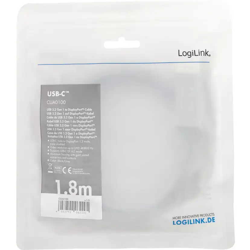 Kabel LogiLink USB-C till DisplayPort 4K/60Hz Aluminium 1,8 m