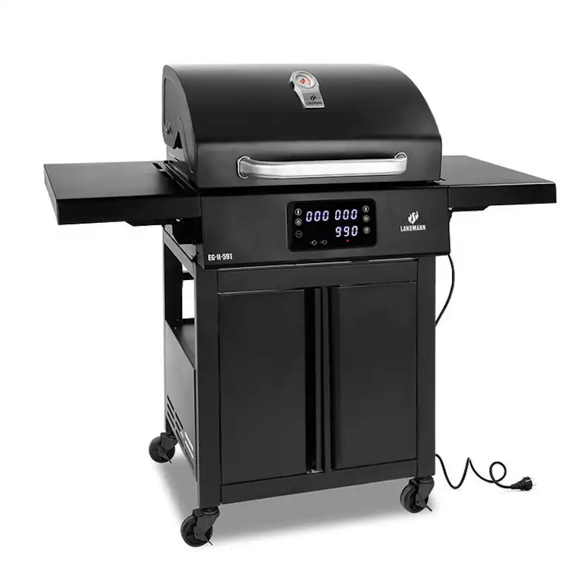 Elgrill Landmann 1192 Black 2023 med Gjutjärnsgaller med Inbyggd Termometer & Sidobord