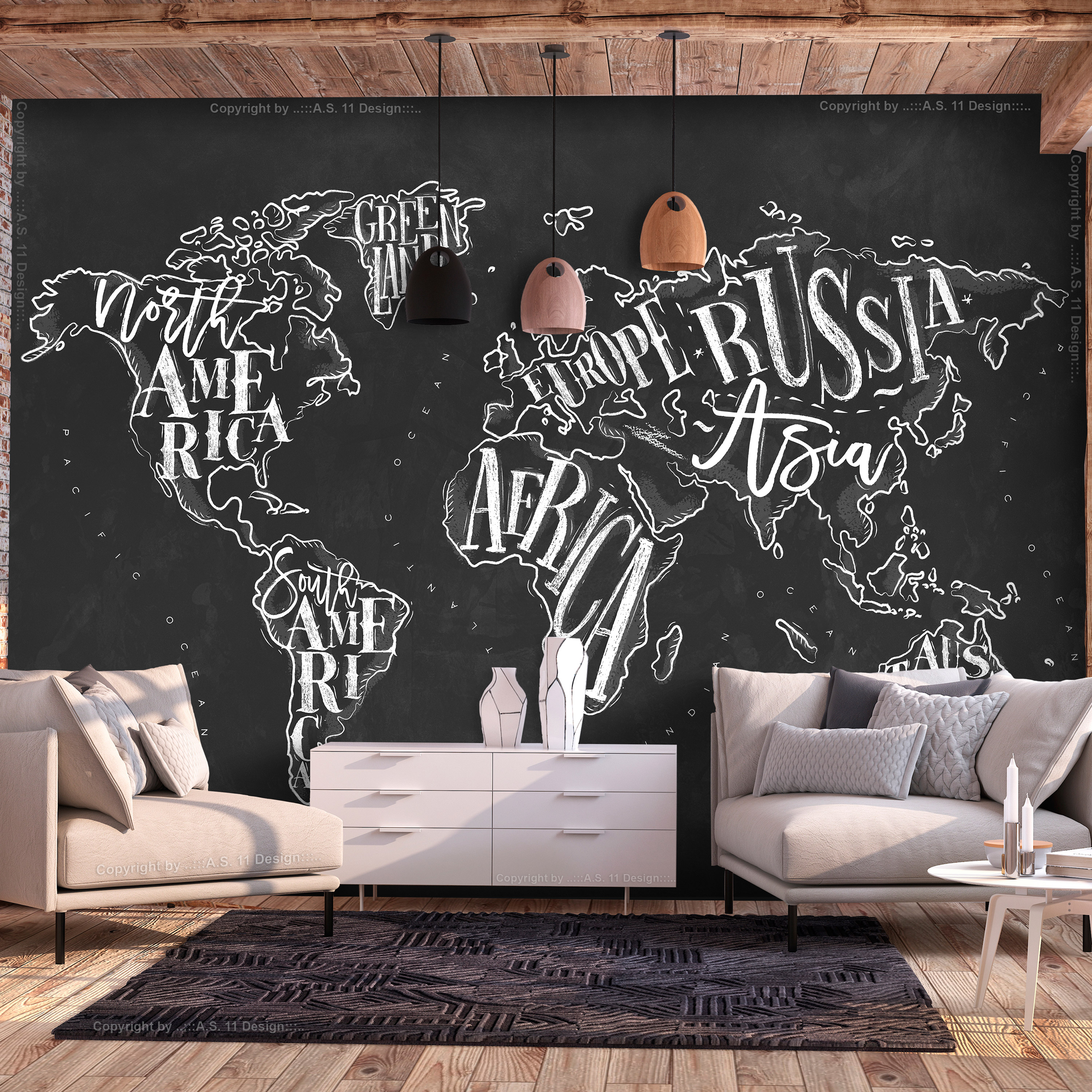 Fototapet Arkiio Självhäftande Retro Continents Black