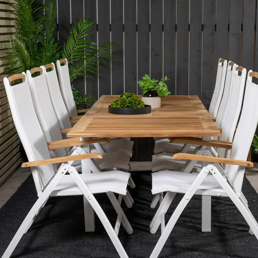Panama Bord160/240*90-vit/Teak+Panama stol5:pos-vit/vitTeak8 Teak Bord med Vita Ben, Vit Stol