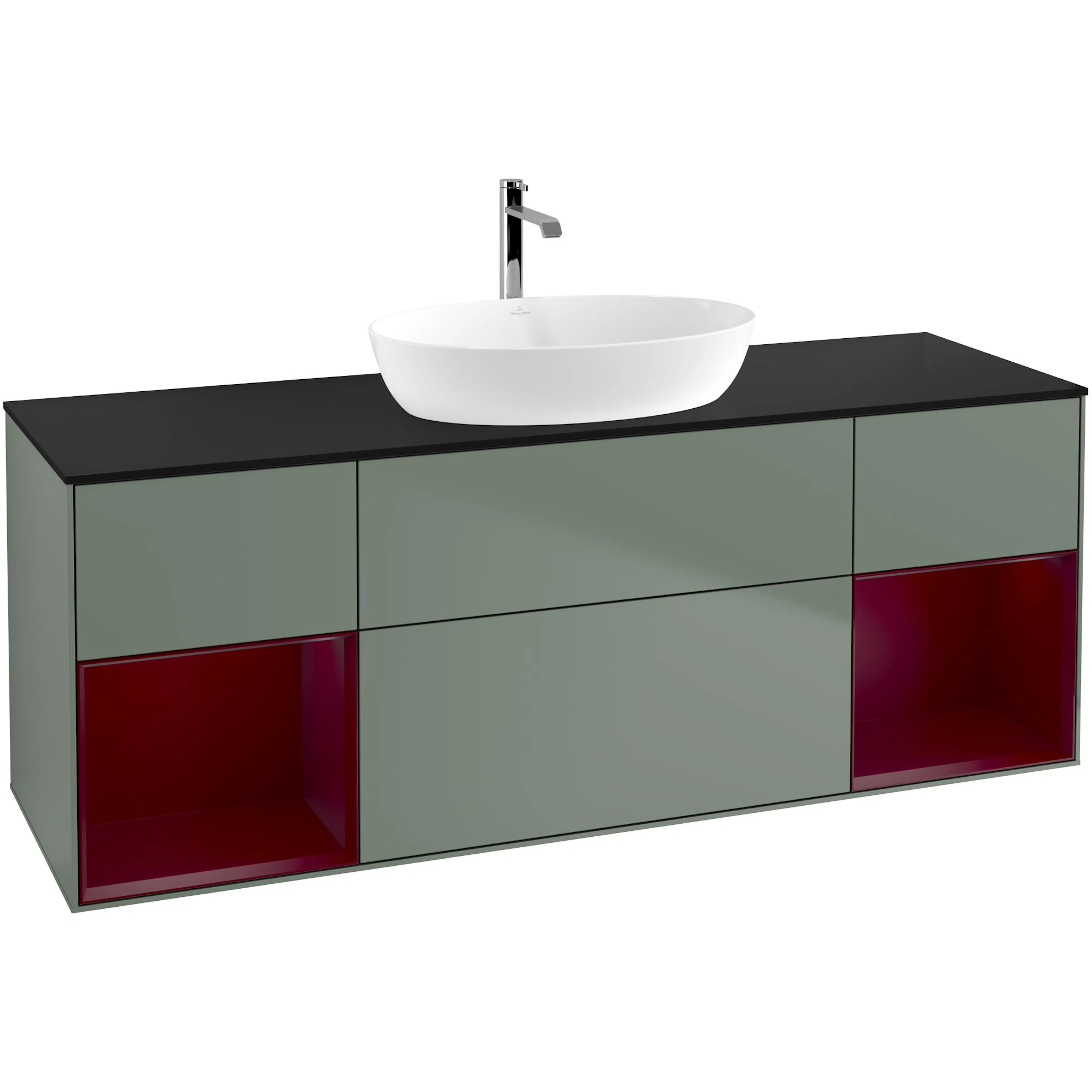 Tvättställsskåp Villeroy & Boch Finion GD02HBGM Oliv Mattlack/Pion Mattlack med bänkskiva i Mattsvart glas med Väggbelysning Utan Blandarhål utan Väggbelysning