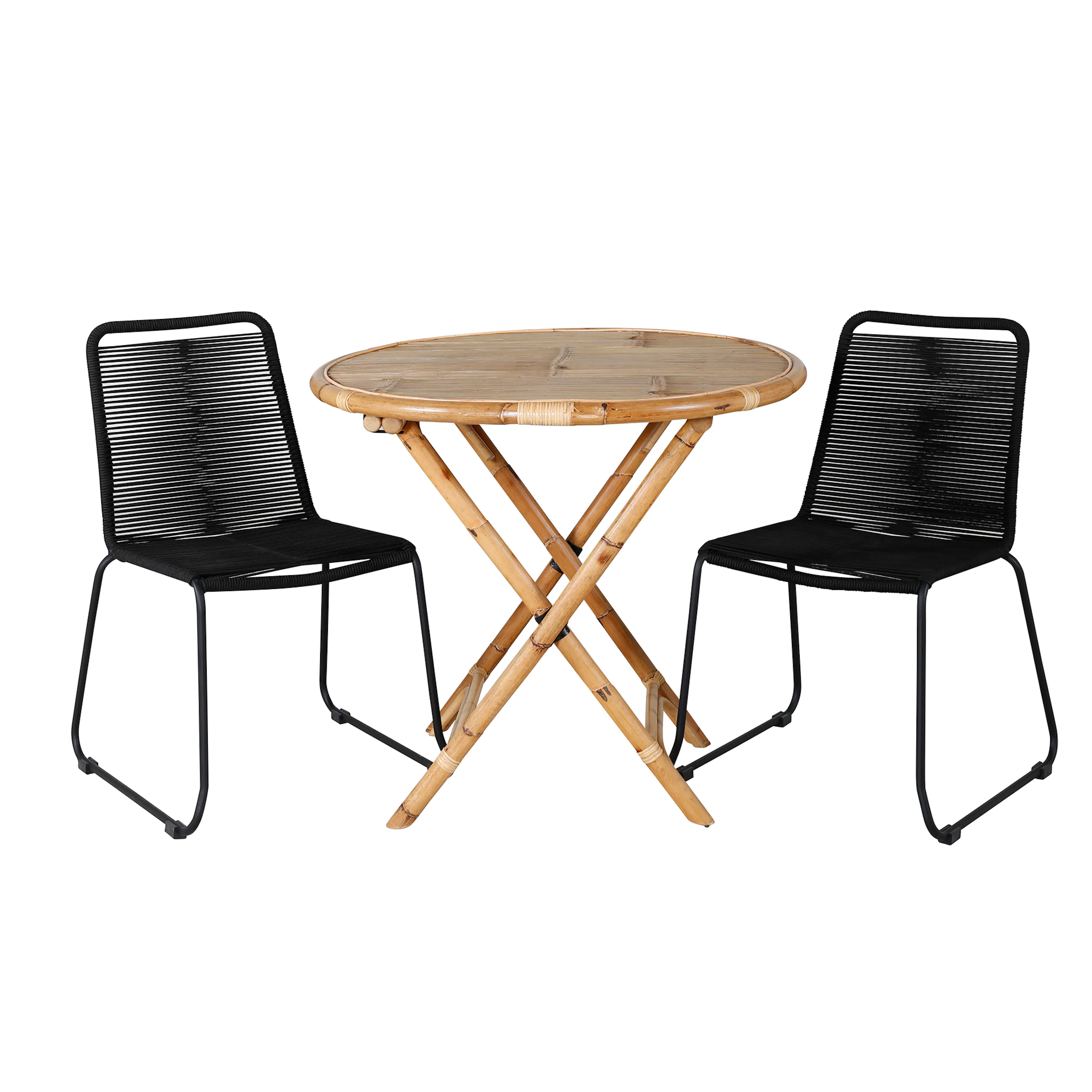 Cane Café table ø90cm - Bamboo+Lindos Stacking Chair - Black Svart