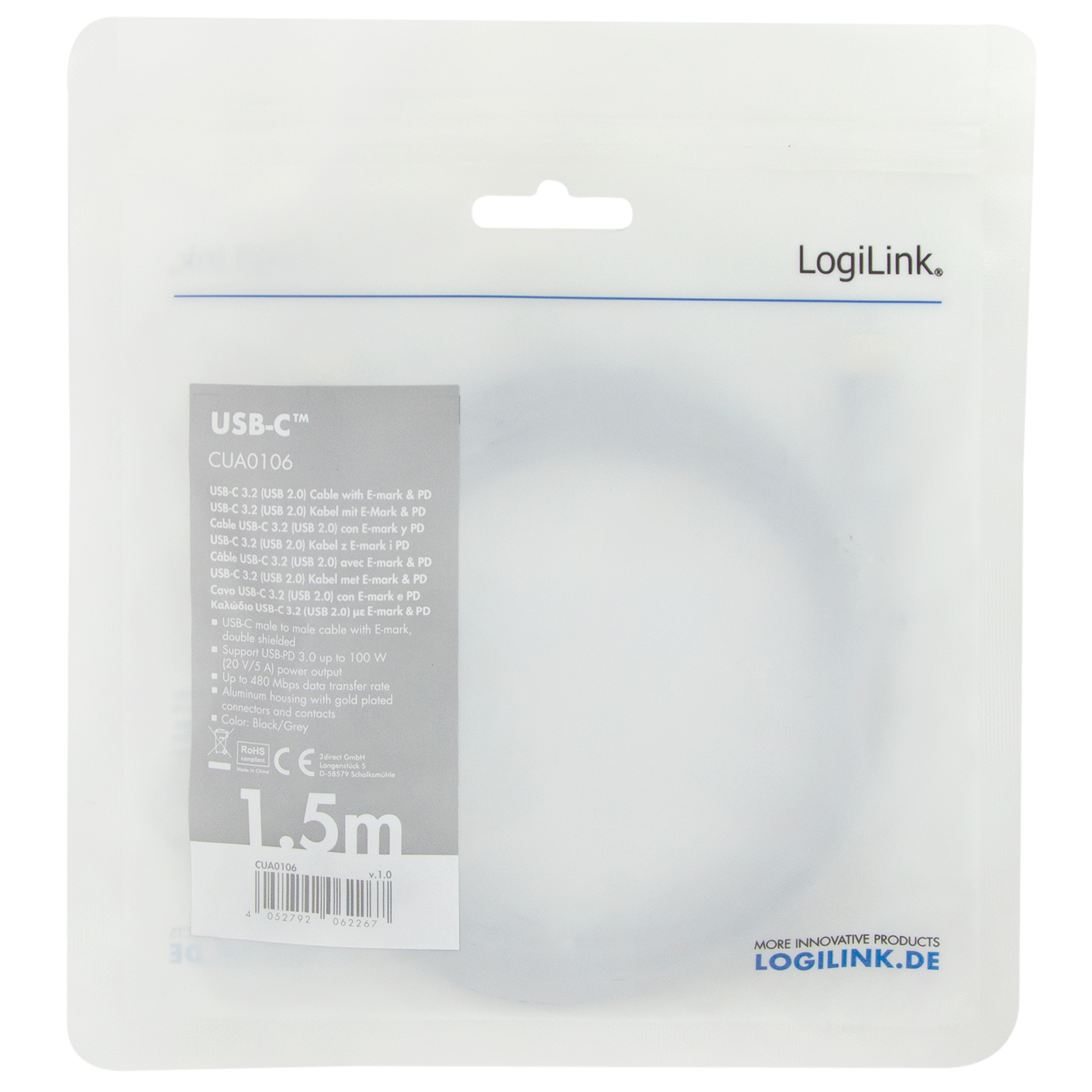 USB-C-kabel LogiLink USB 2.0 PD 3.0 100W 480 Mbps Alu 1,5 m