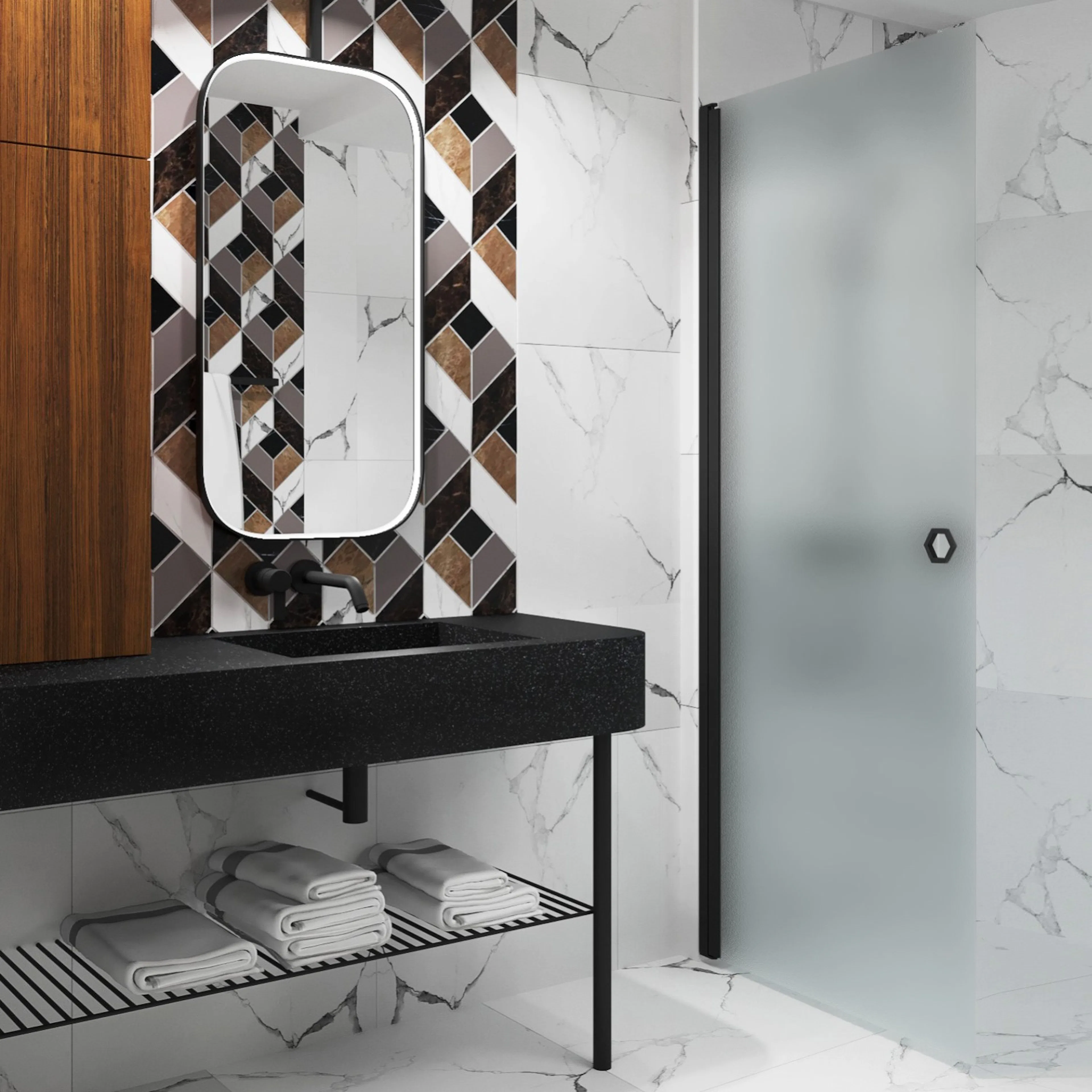 Forma 302 Vändbar duschvägg 835x2025 mm, Satin, Svarta Profiler