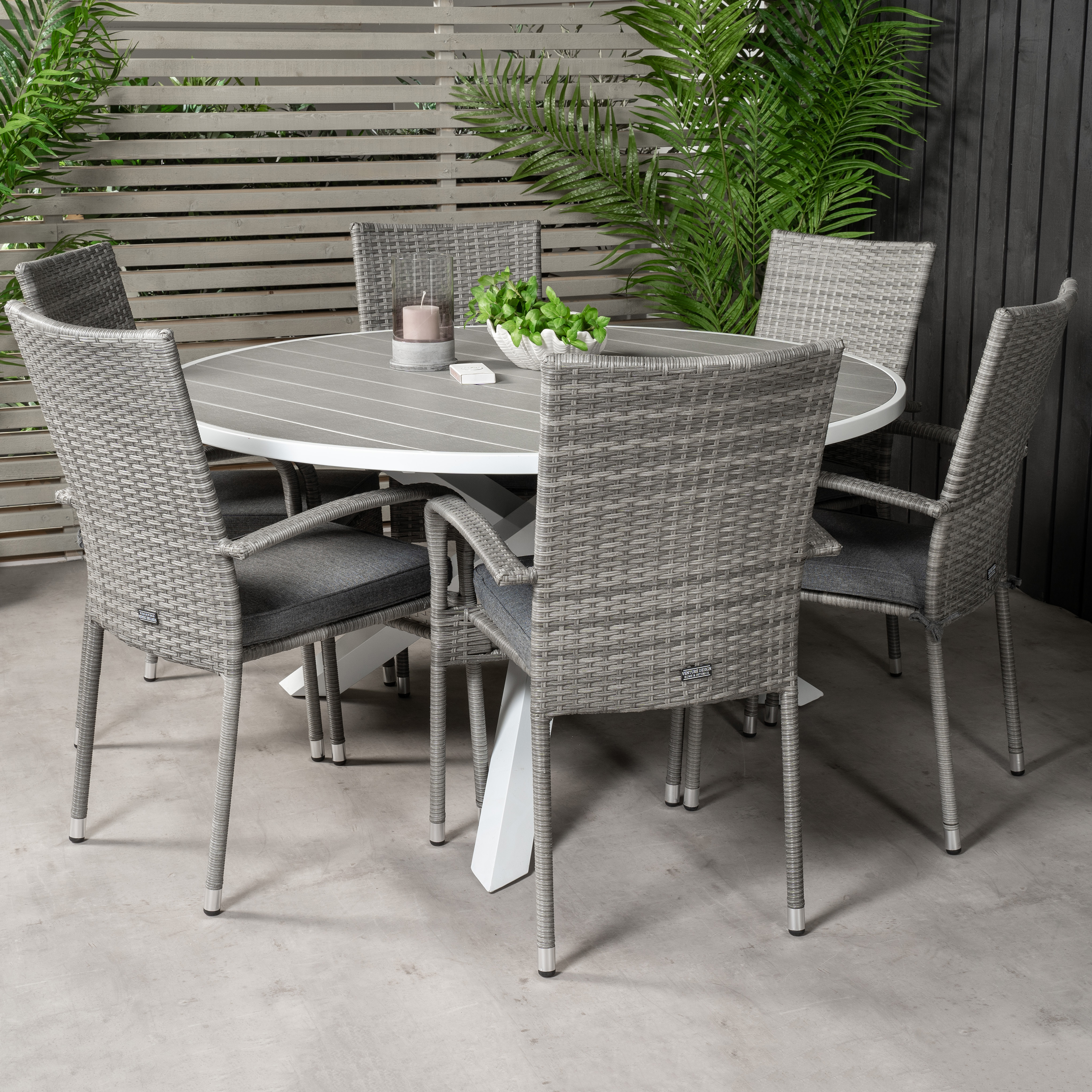 Parma Bord140-Vit Alu/Grå Aintwood+Anna stol(stackable)-Grå6 Grå