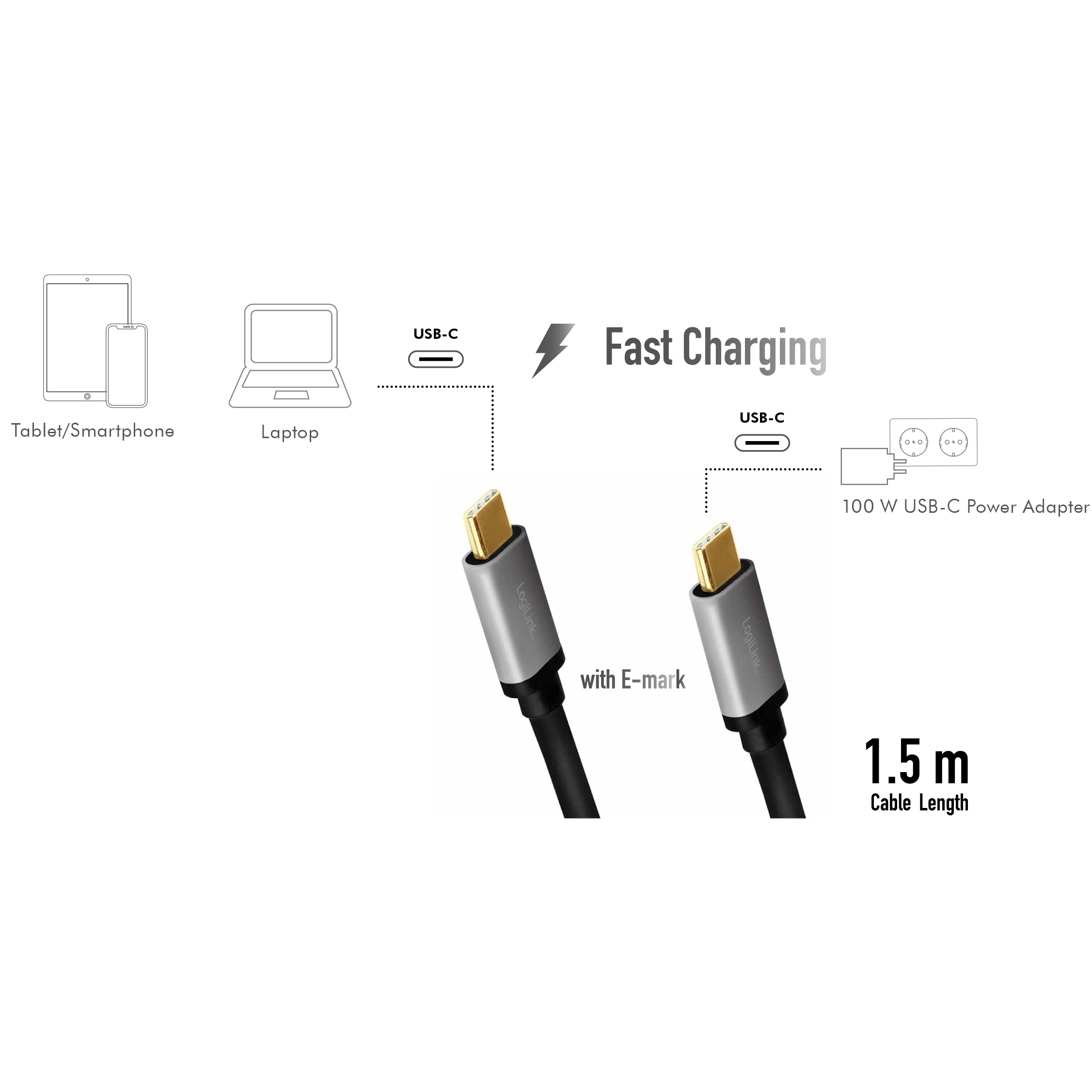 USB-C-kabel LogiLink USB 2.0 PD 3.0 100W 480 Mbps Alu 1,5 m