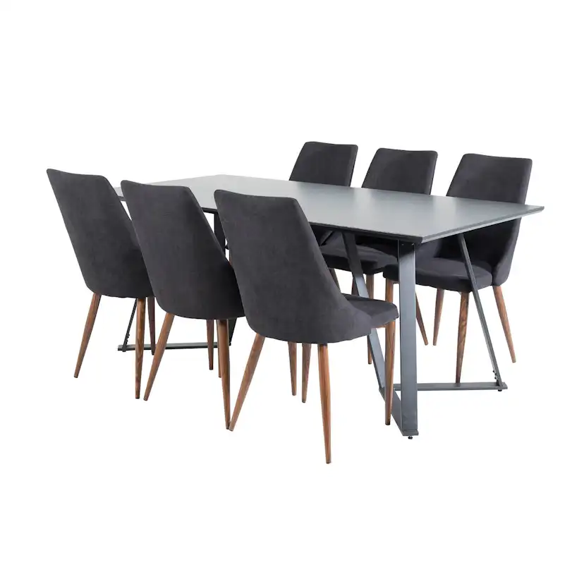 Marina Table - Black top /Leone Chair - Black Fabric_6 Svart/Svart/Valnöt