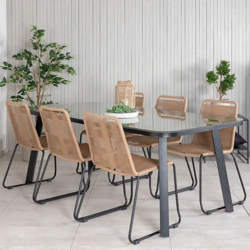 Paola Dining Table - Black Steel / Nature Wicker - 200*100+L Latte