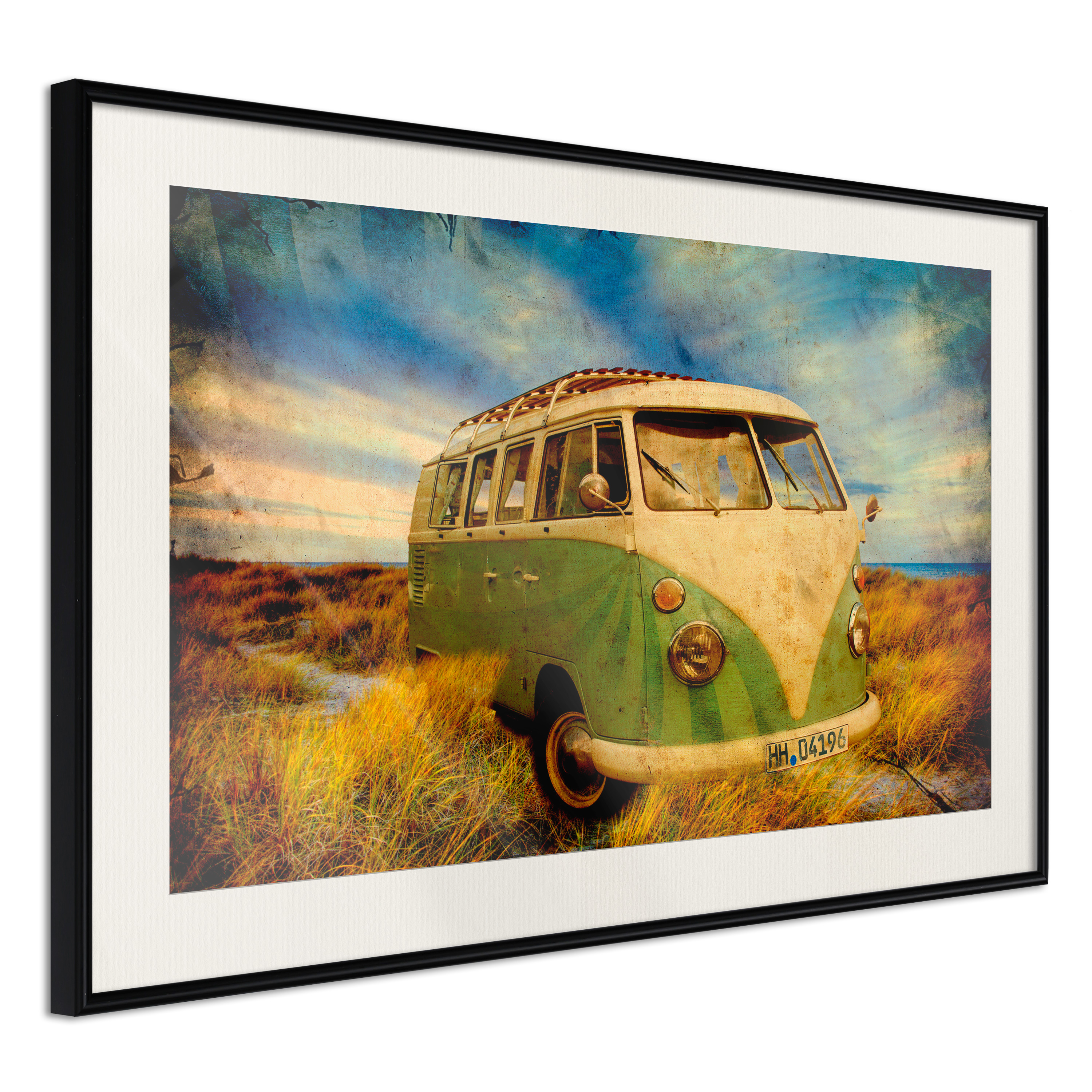 Affisch - Retro Bus [Poster] 45x30 Svart ram med passepartout, 45x30 cm
