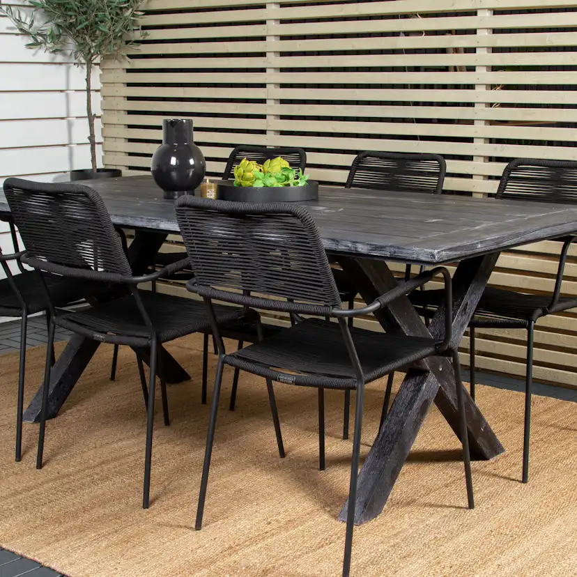 Rives Dining Table 200*100cm - Black Acacia+Lindos Armchair Svart/Svart