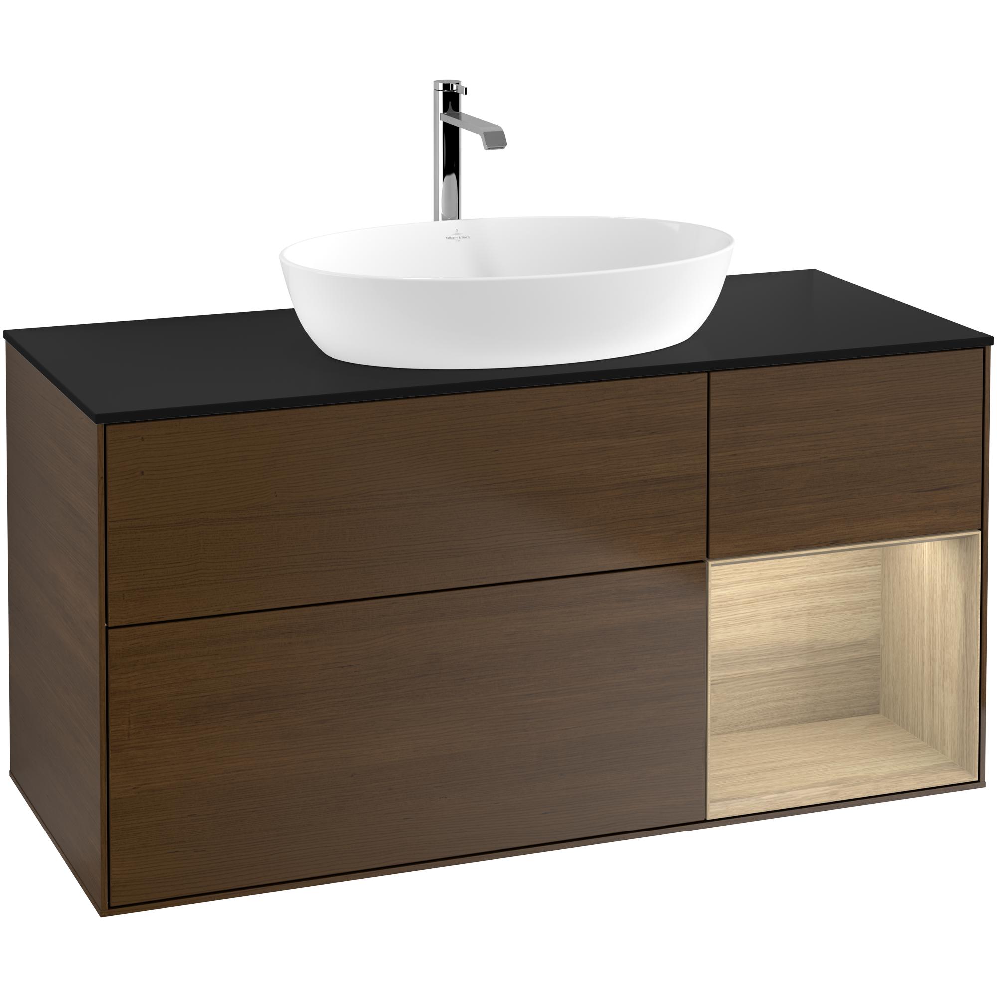 Tvättställsskåp Villeroy & Boch Finion G832PCGN Valnötsfanér/Ekfanér med bänkskiva i Mattsvart glas med Väggbelysning, Lucka Höger Med Blandarhål