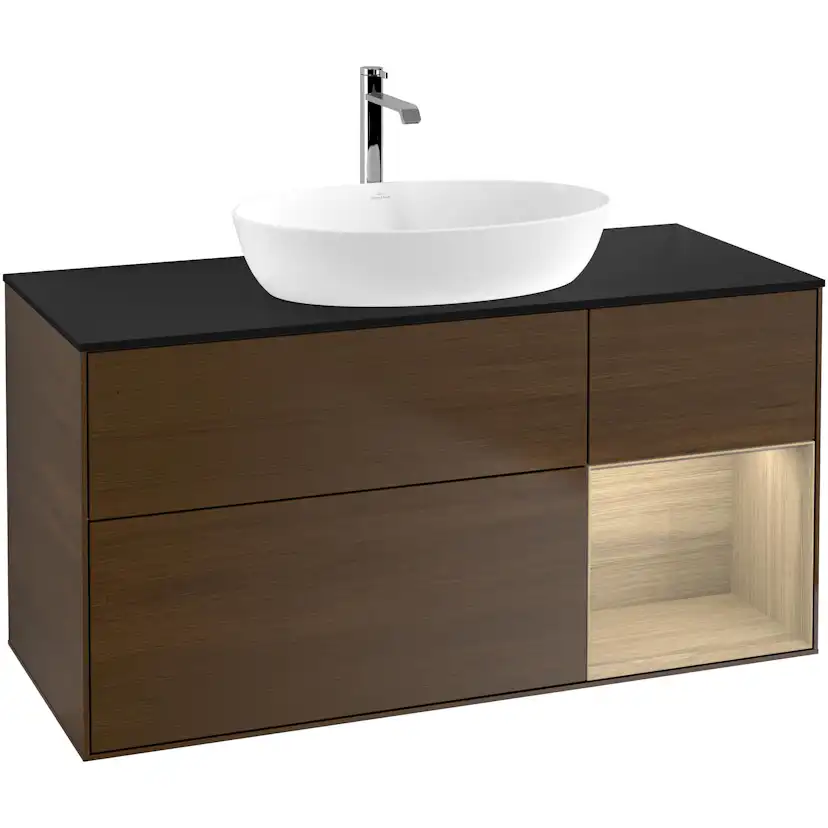 Tvättställsskåp Villeroy & Boch Finion G832PCGN Valnötsfanér/Ekfanér med bänkskiva i Mattsvart glas med Väggbelysning, Lucka Höger Med Blandarhål