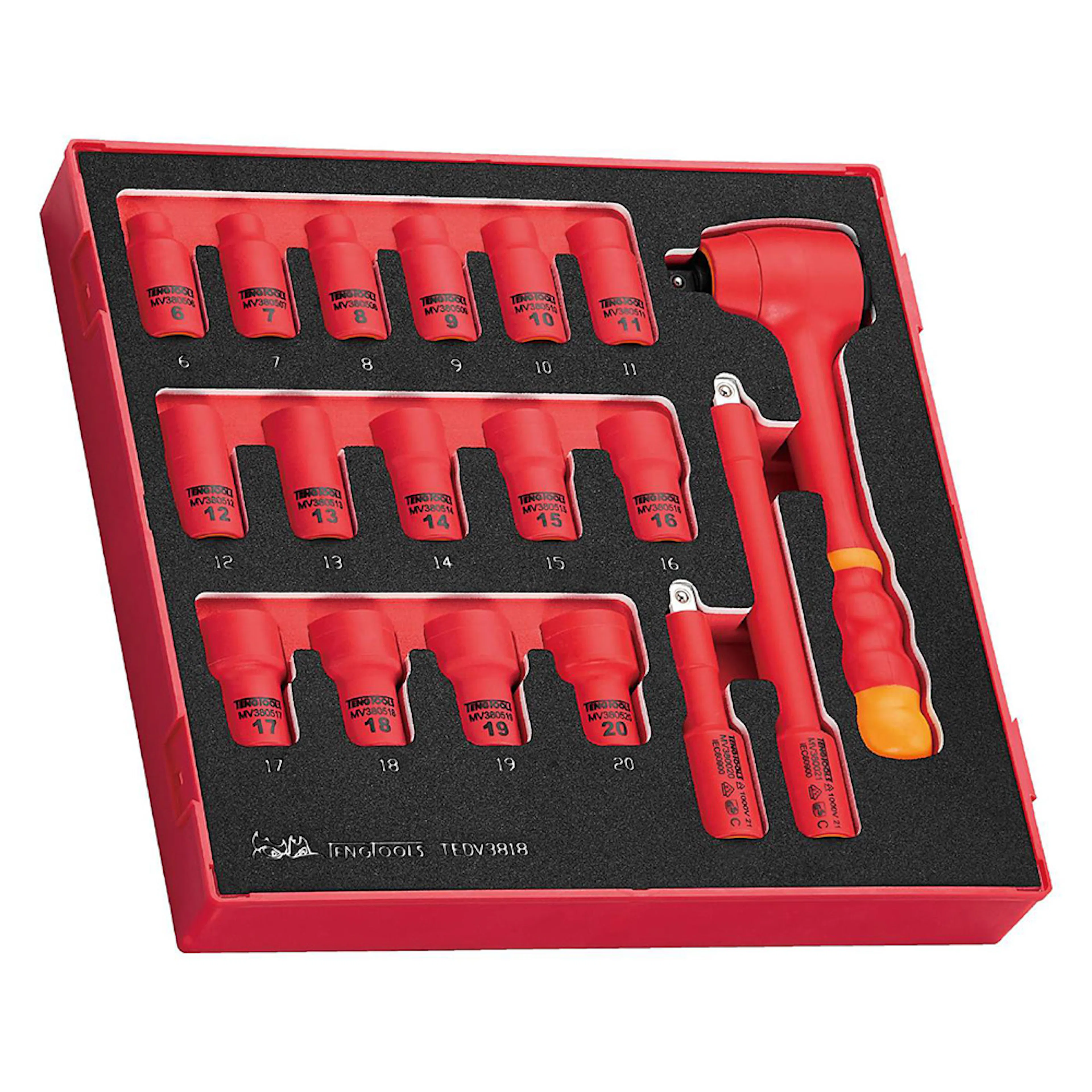 Hylsnyckelsats Teng Tools Med 3/8 Tum Fyrkantsfäste TEDV3818 1000 V 18-Delar