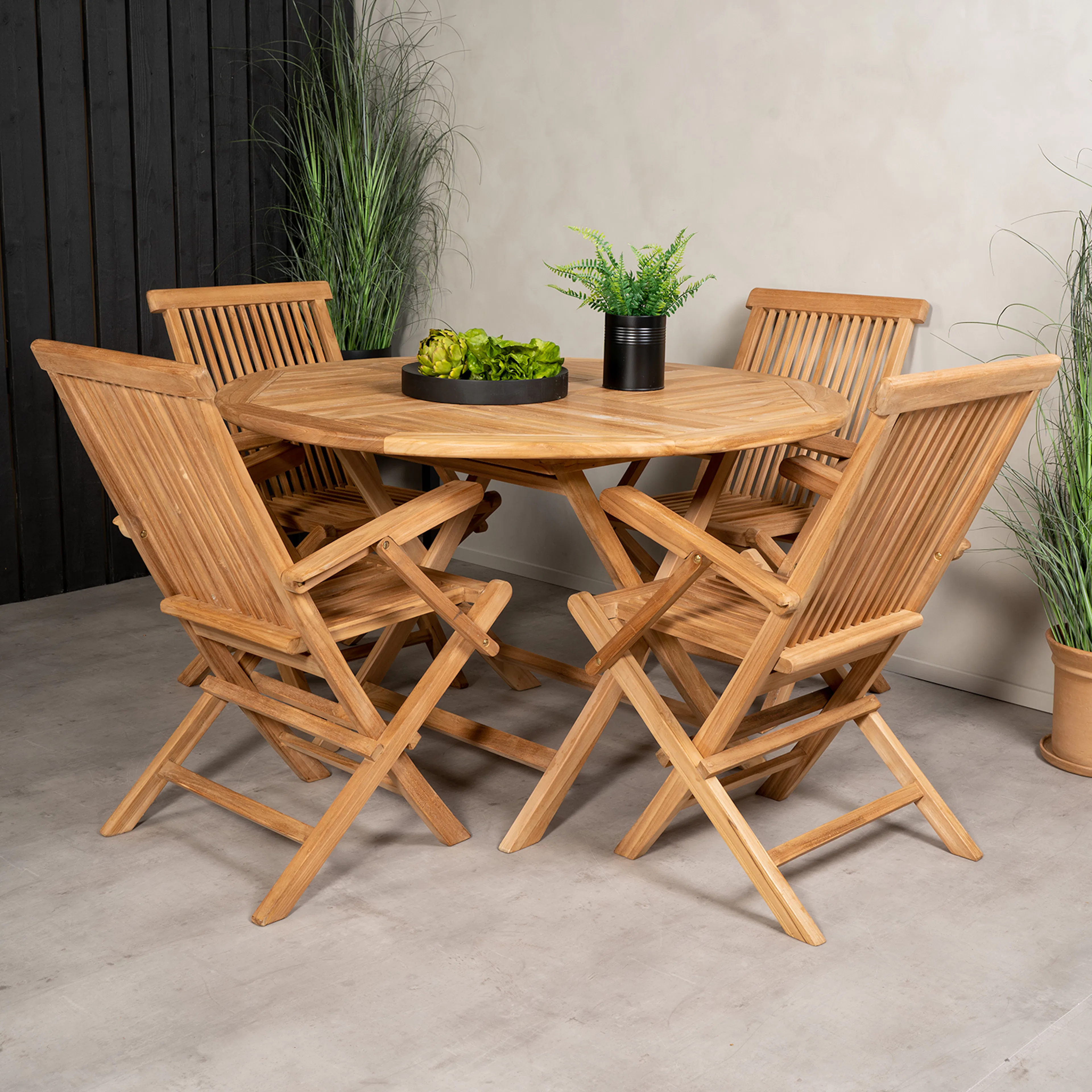 Matgrupp Venture Home Kenya Ø120 cm Teak med 4 Kenya Fällbara Stolar med Armstöd