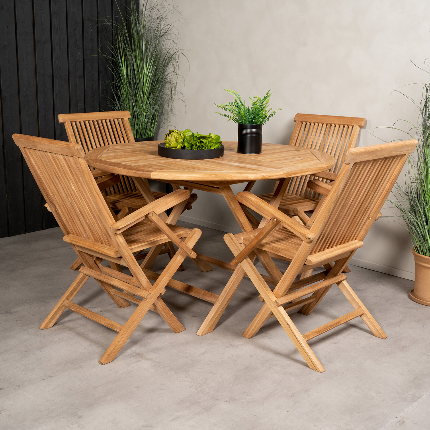 Matgrupp Venture Home Kenya Ø120 cm Teak med 4 Kenya Fällbara Stolar med Armstöd