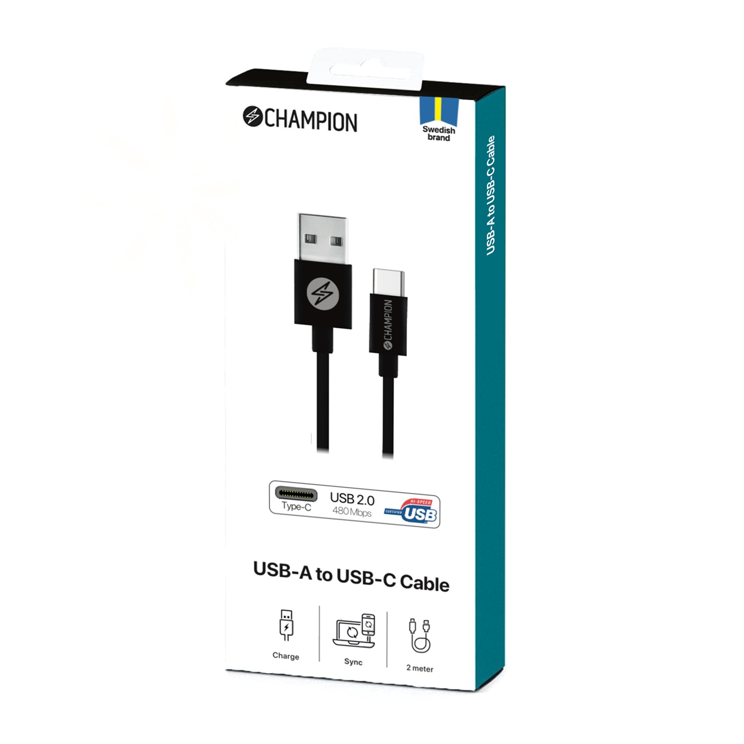 USB-A Champion till USB-C Kabel 2m Svart