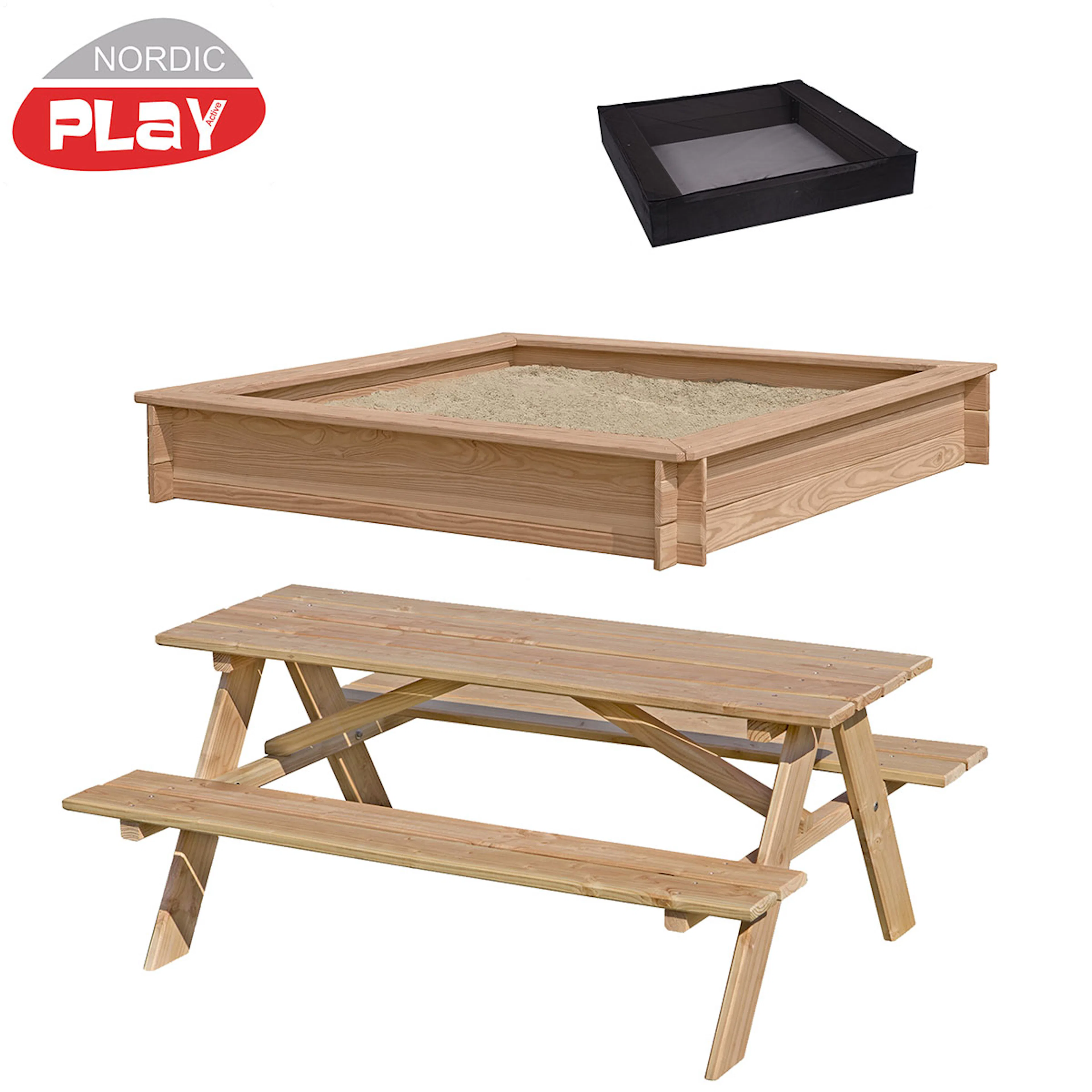 Sandlåda Nordic Play 150 X 150 cm Inkl Nät och Picknickbord
