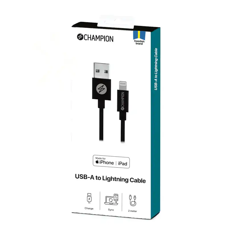 USB-A Champion till Lightning Kabel 2m Svart